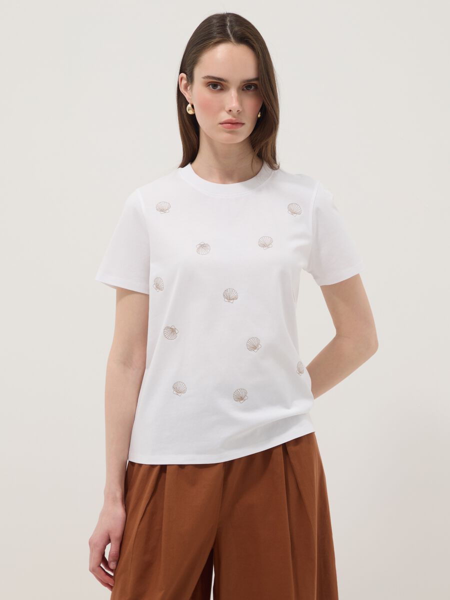White pure cotton T-shirt with seashell print_1