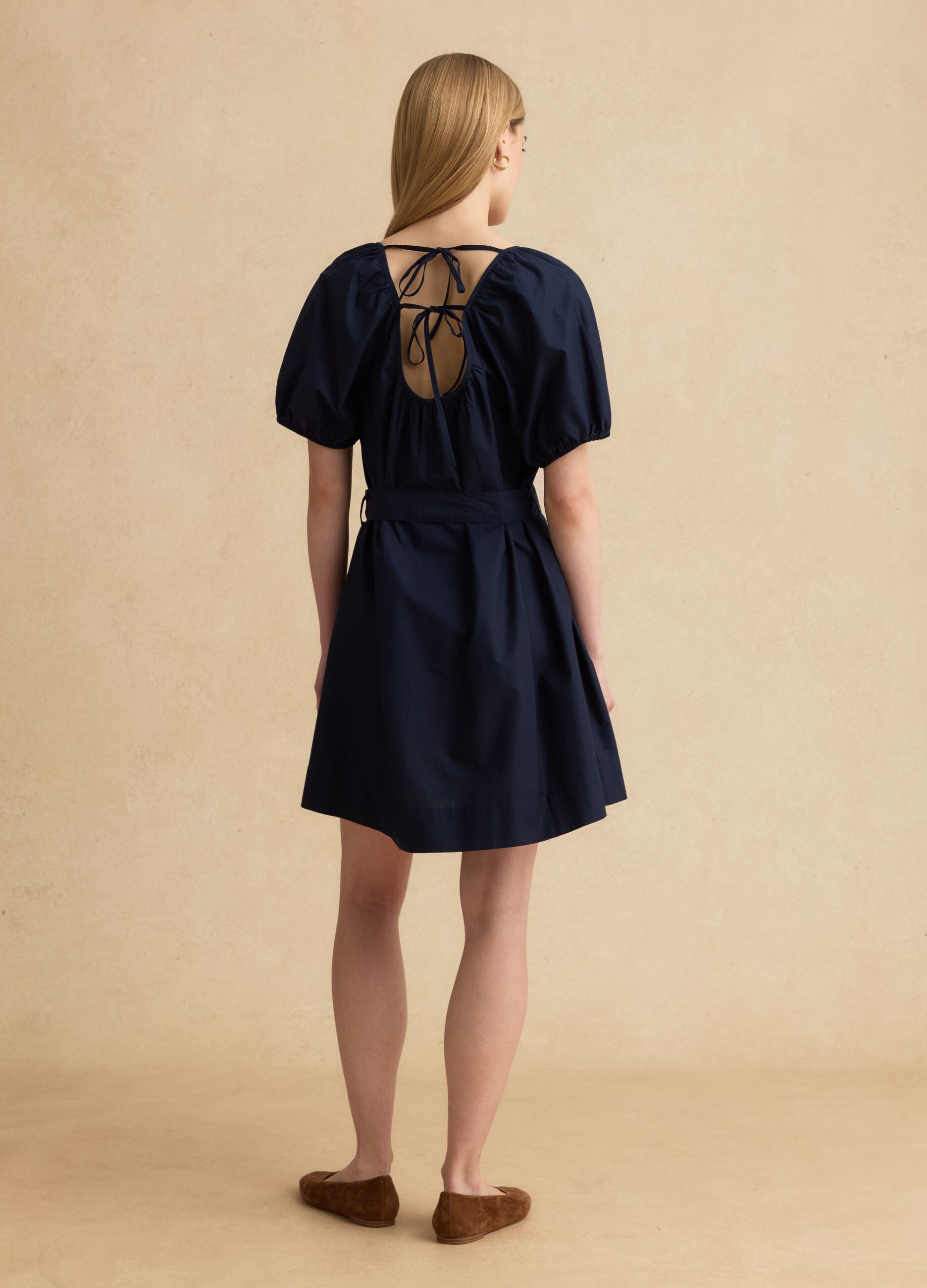 Blue pure cotton mini dress with belt