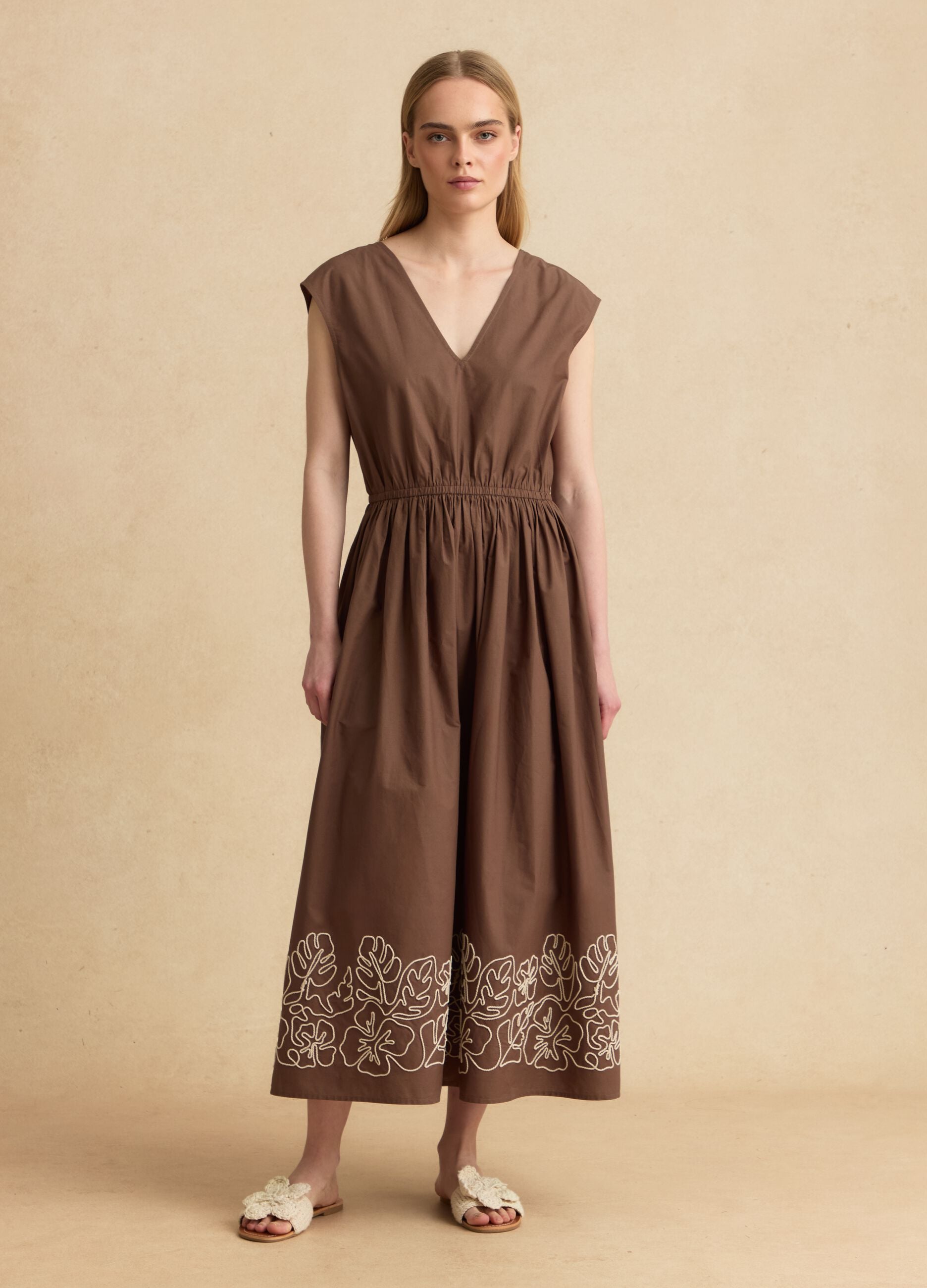 Brown pure cotton regular-fit dress with embroidery and V-neck
