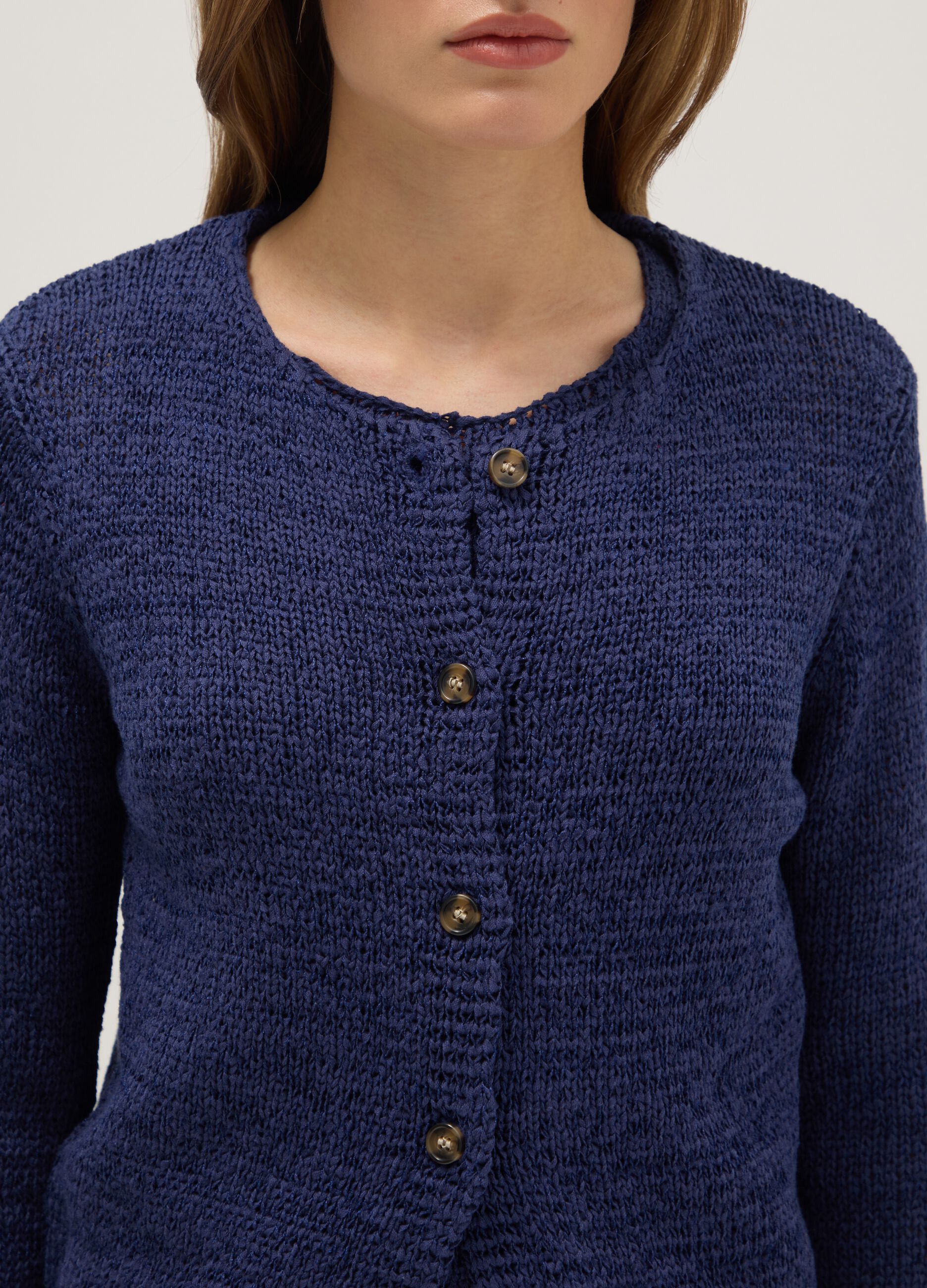Blue cotton blend regular fit cardigan with buttons