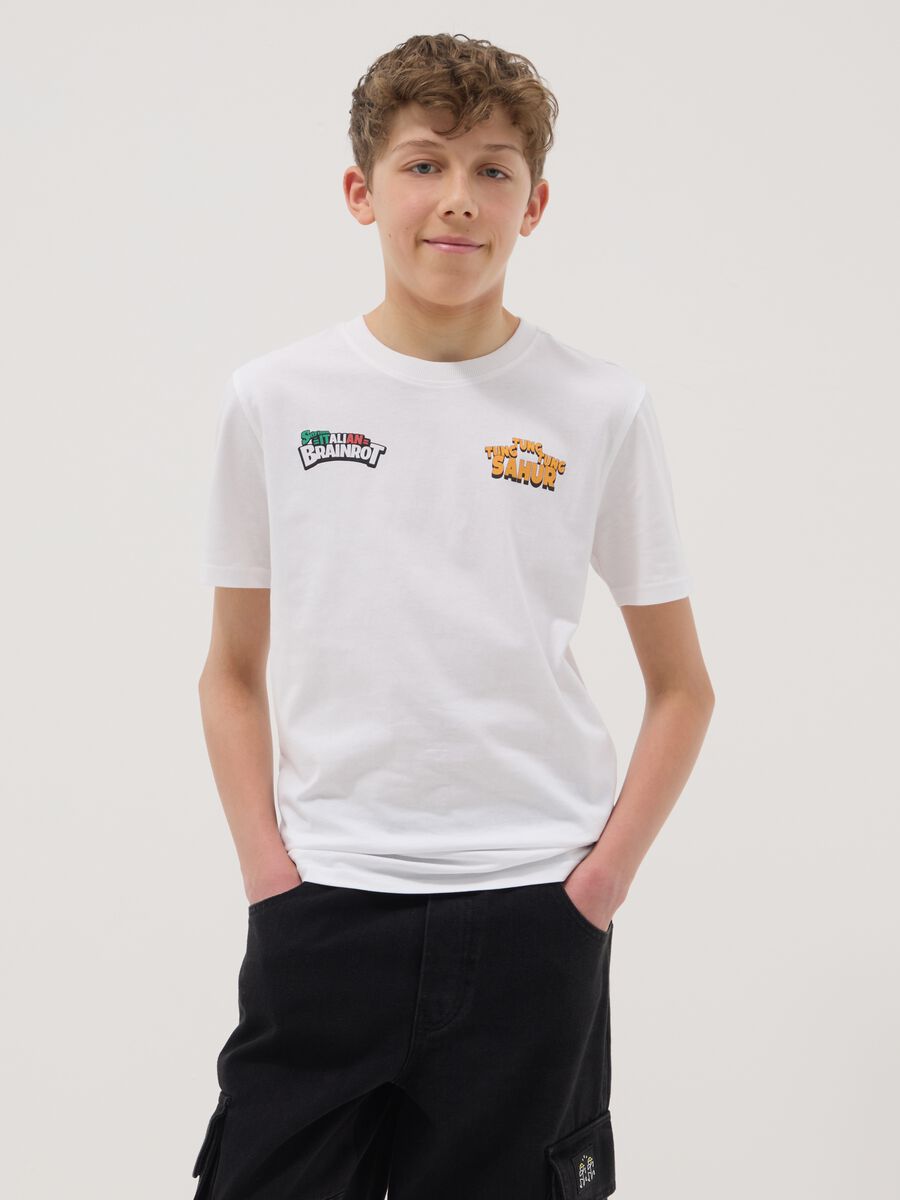 T-shirt in puro cotone bianca da ragazzo regular fit con stampe_0