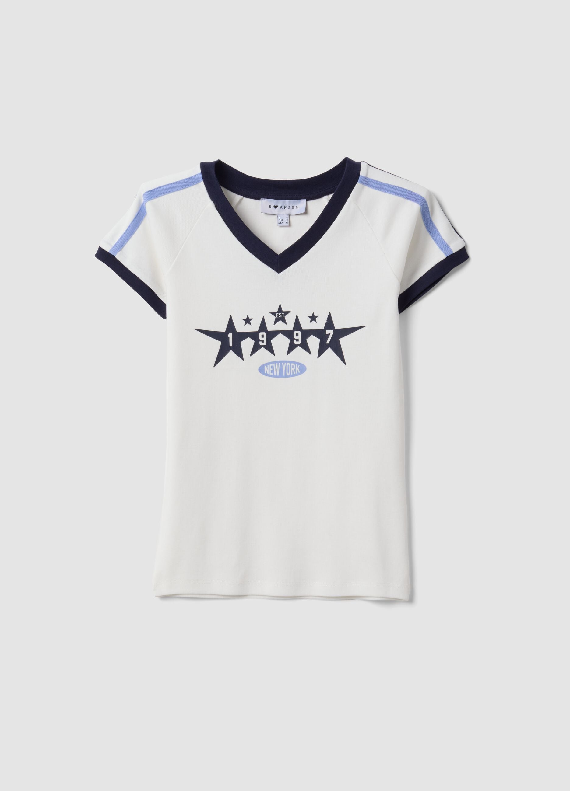 White pure-cotton V-neck T-shirt with front print