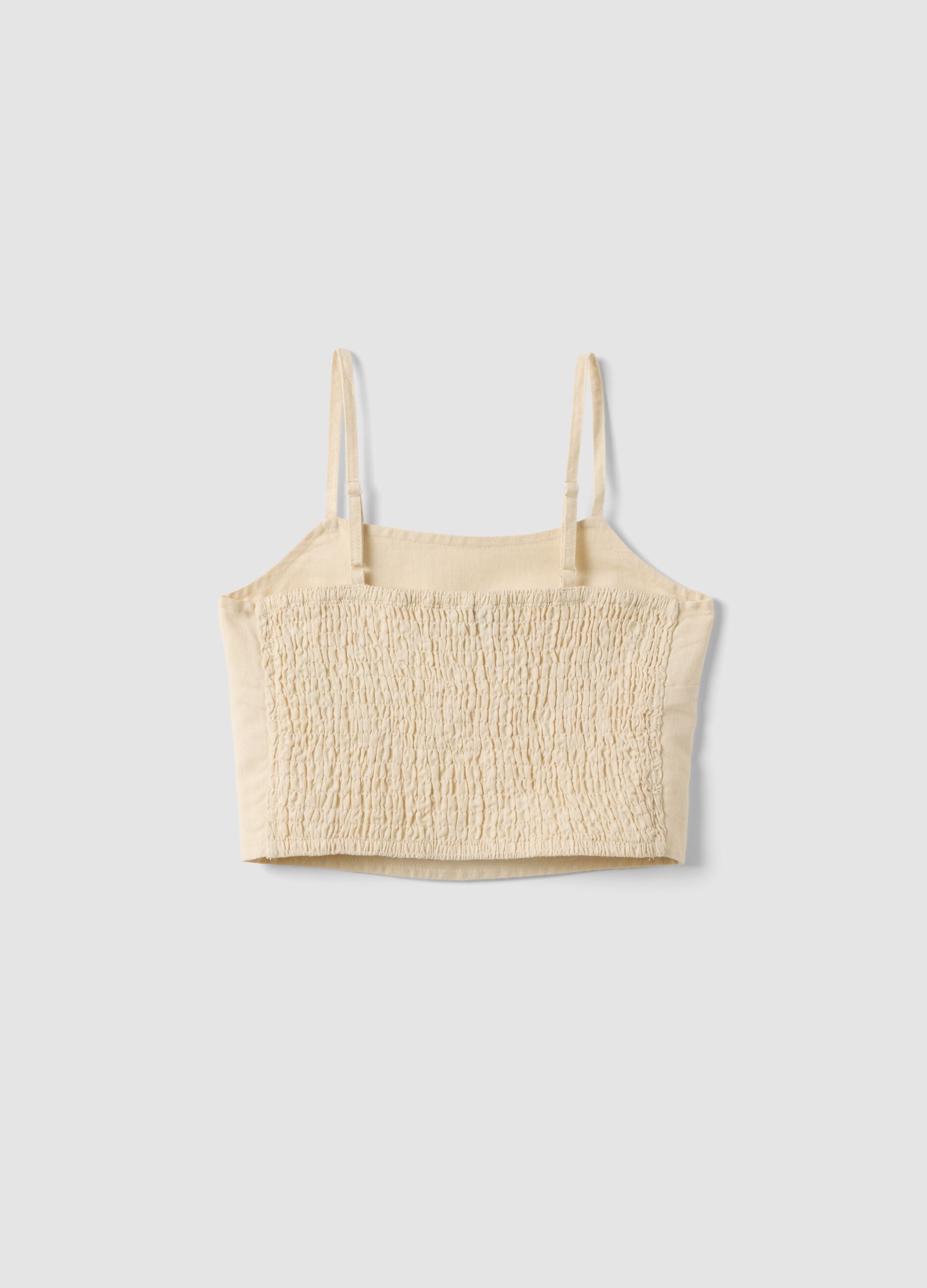 Girls' slim fit beige short top in linen and cotton blend