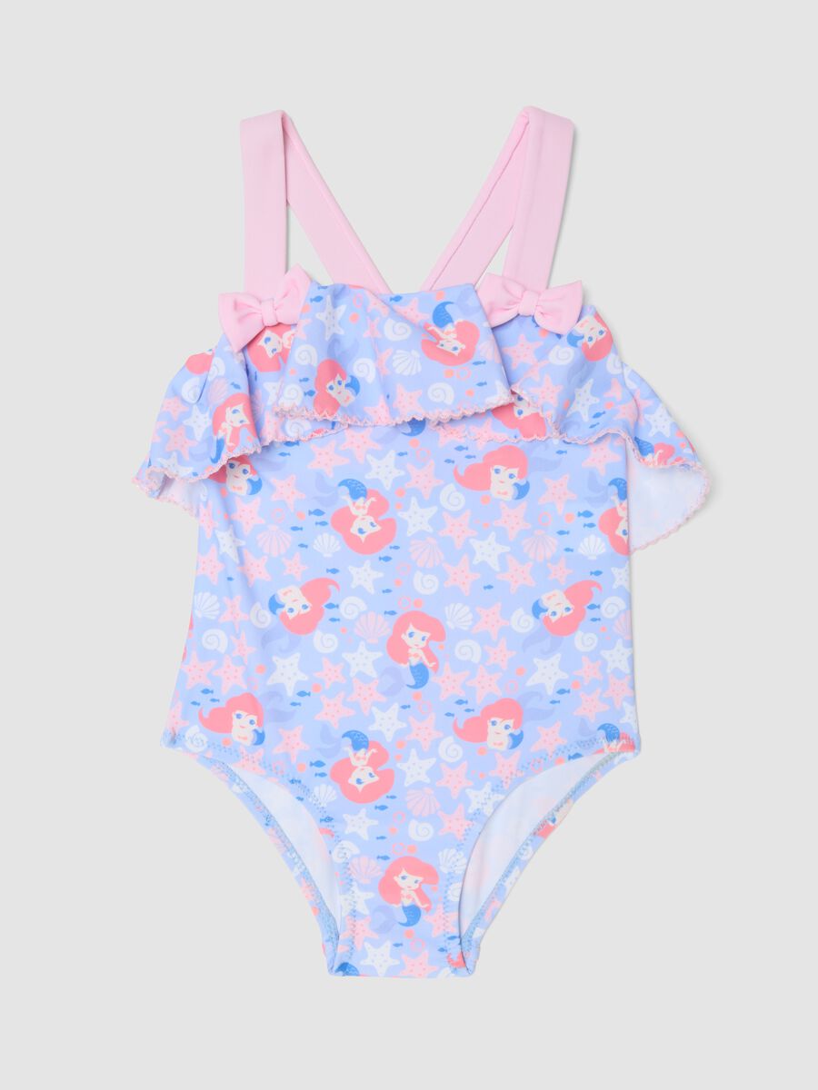 Costume intero azzurro per bimba in tessuto elasticizzato con stampa Sirenetta_0