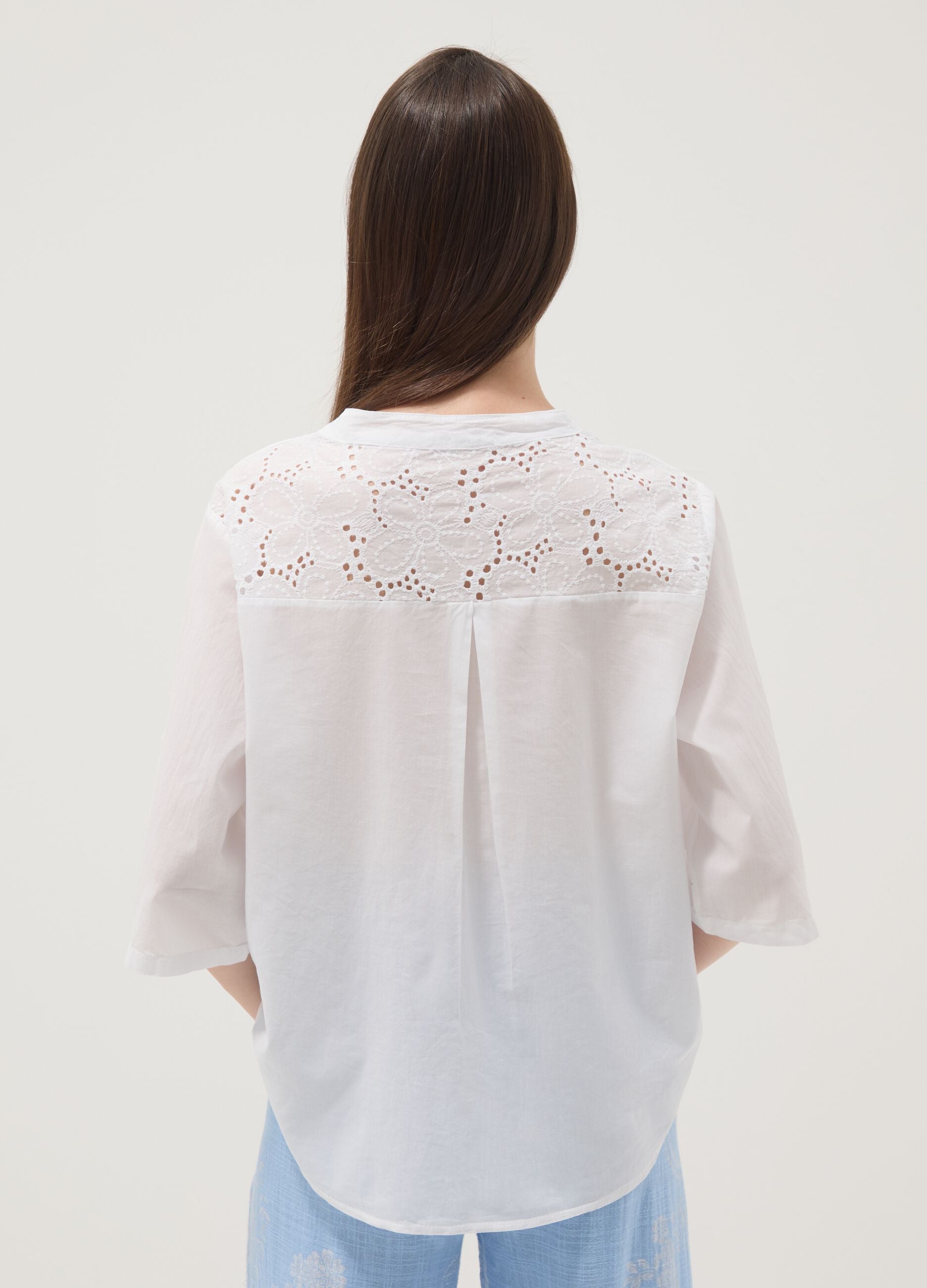 White pure cotton shirt with broderie anglaise embroidery, regular fit