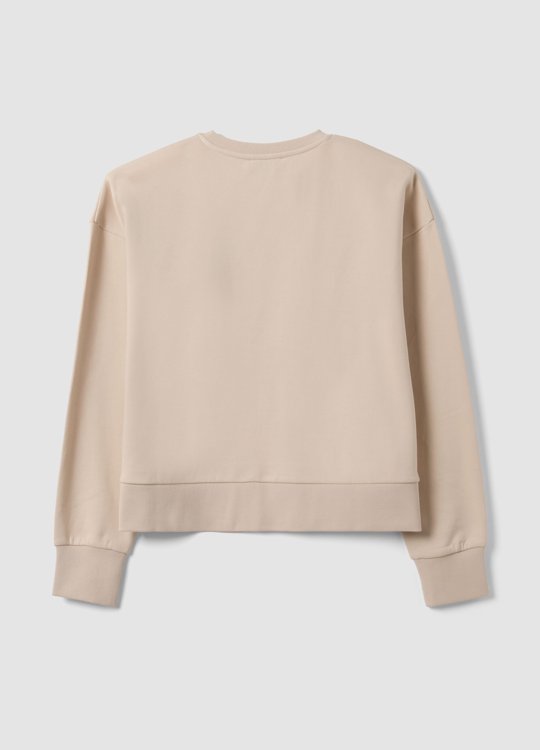 Beige cotton-blend crew-neck sweatshirt with teddy print