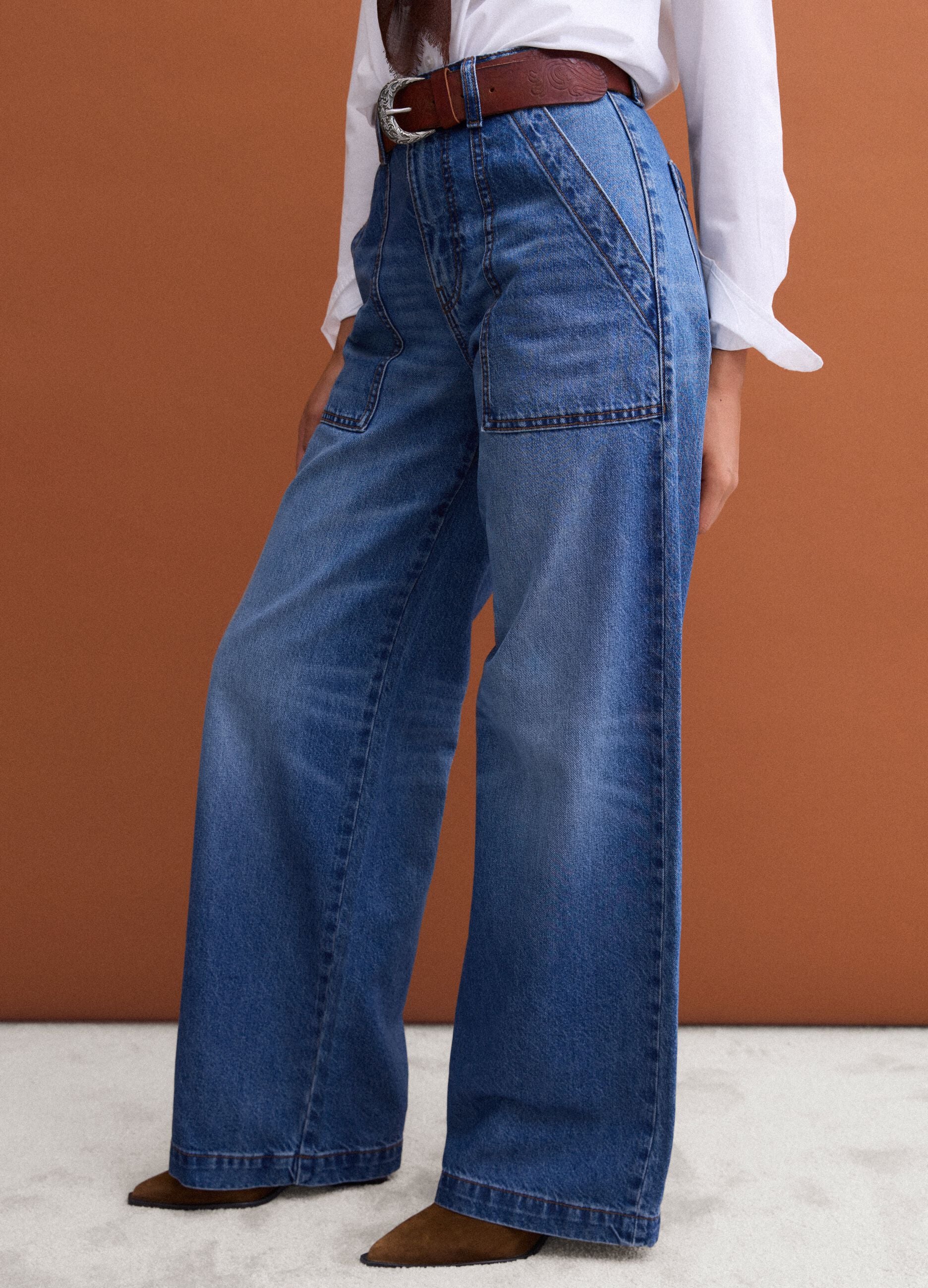 Blue denim wide-leg jeans in pure cotton