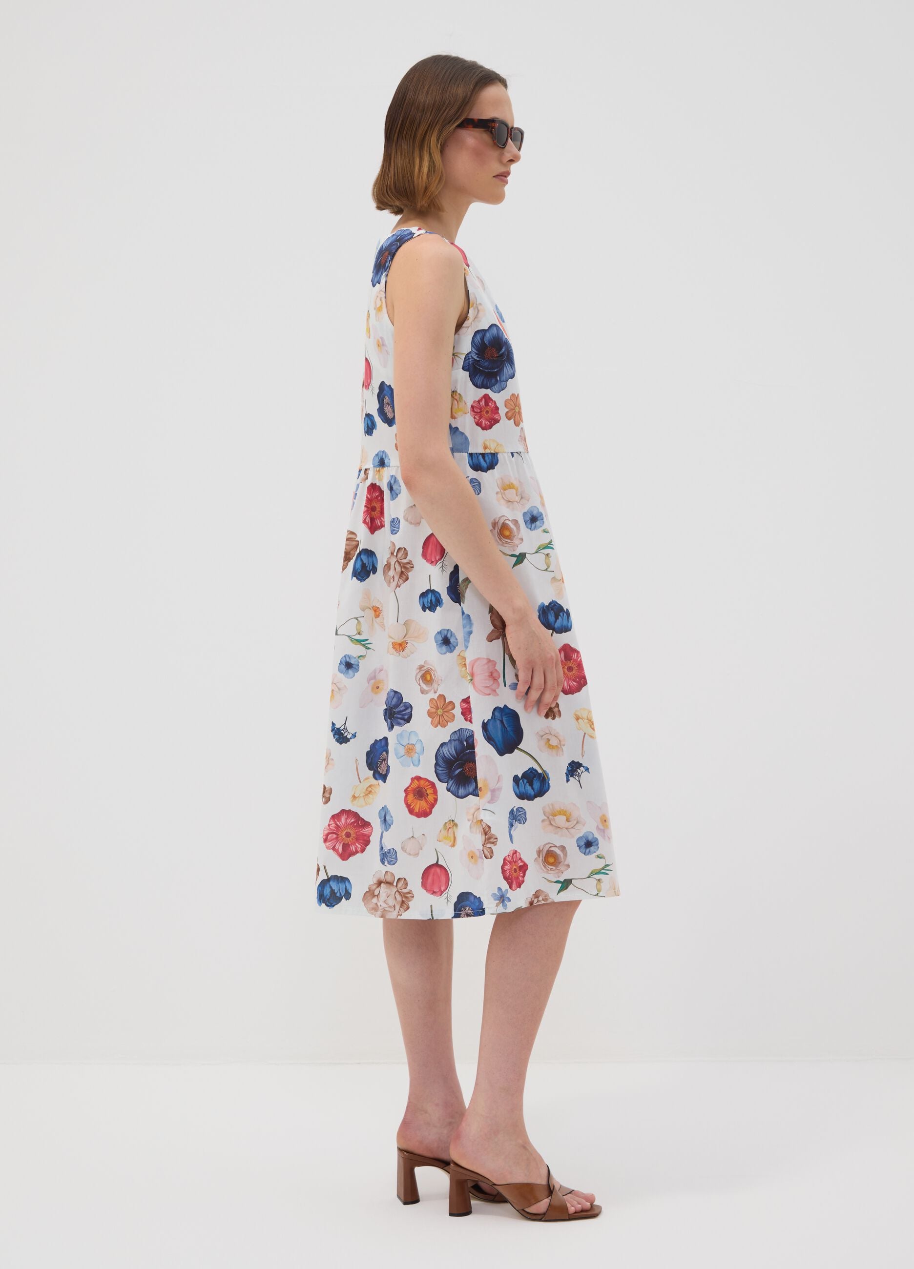 White sleeveless floral stretch-cotton dress, regular fit