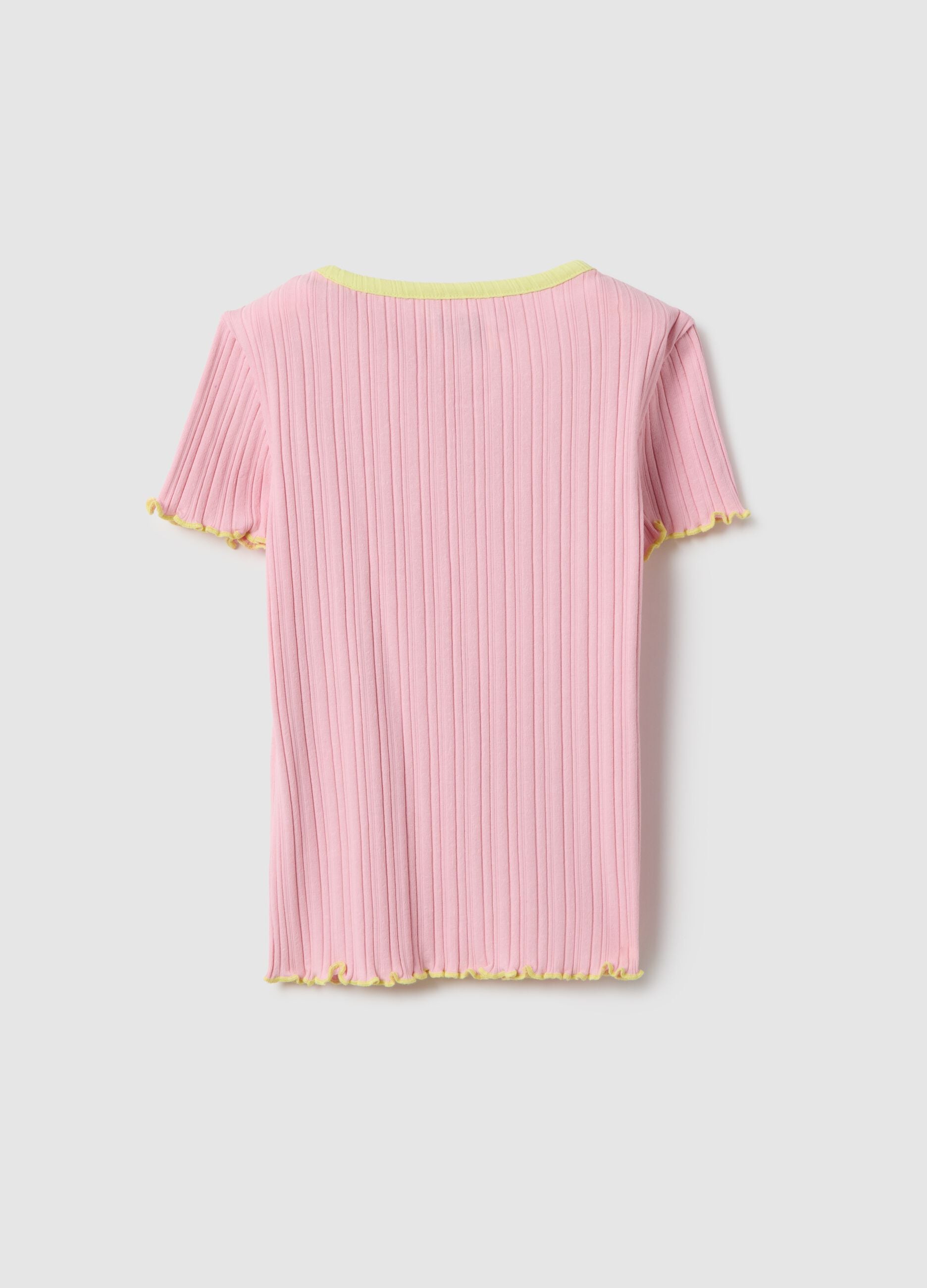 Pink elastic cotton girl's t-shirt, regular fit, with patch