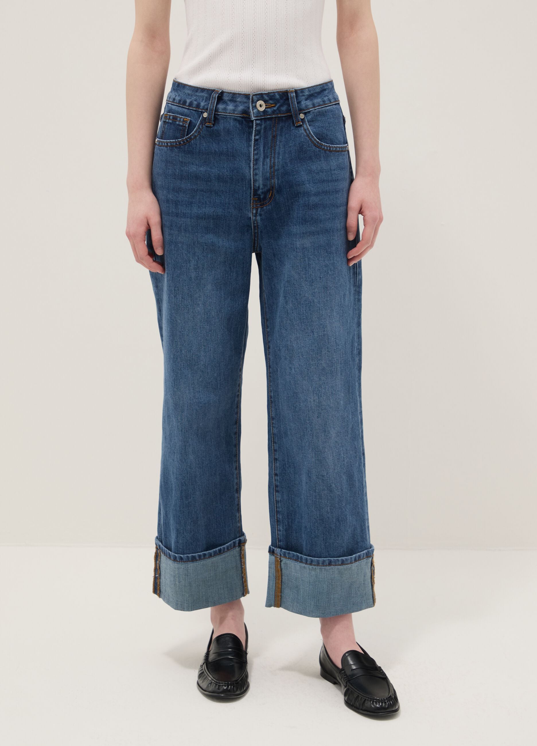 Blue regular fit cotton blend denim trousers