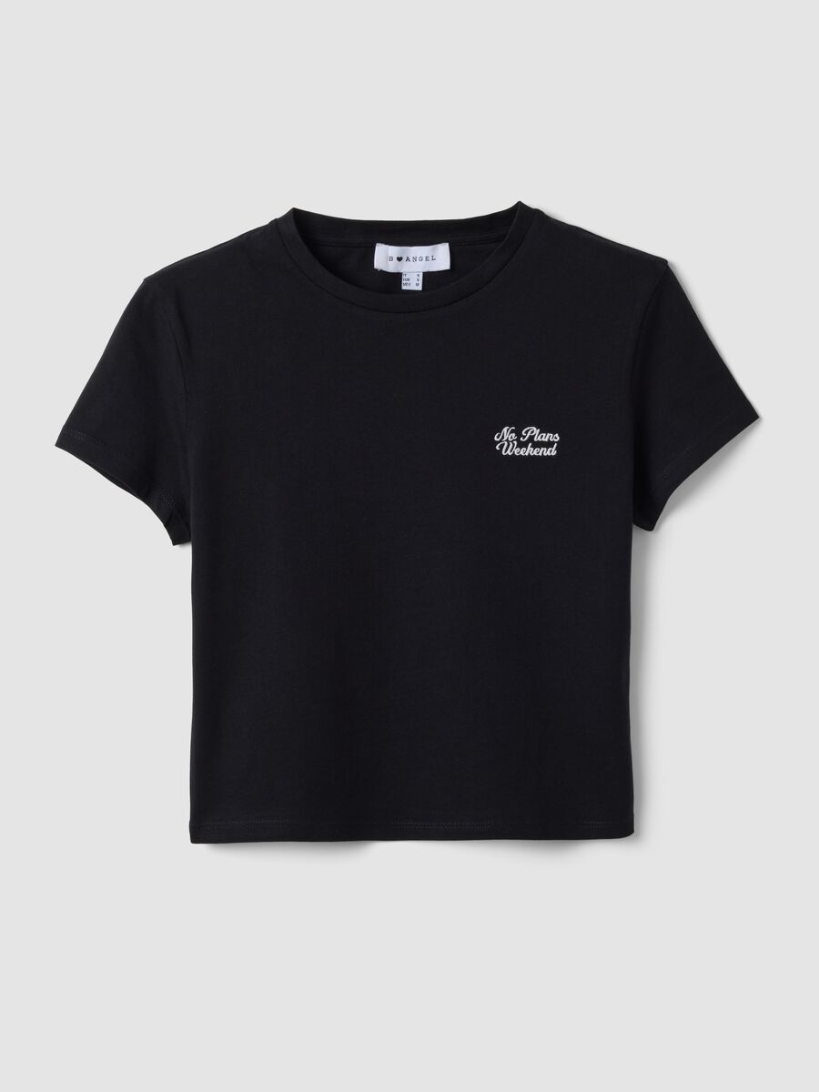 Black pure cotton cropped T-shirt with crew neck and print_0
