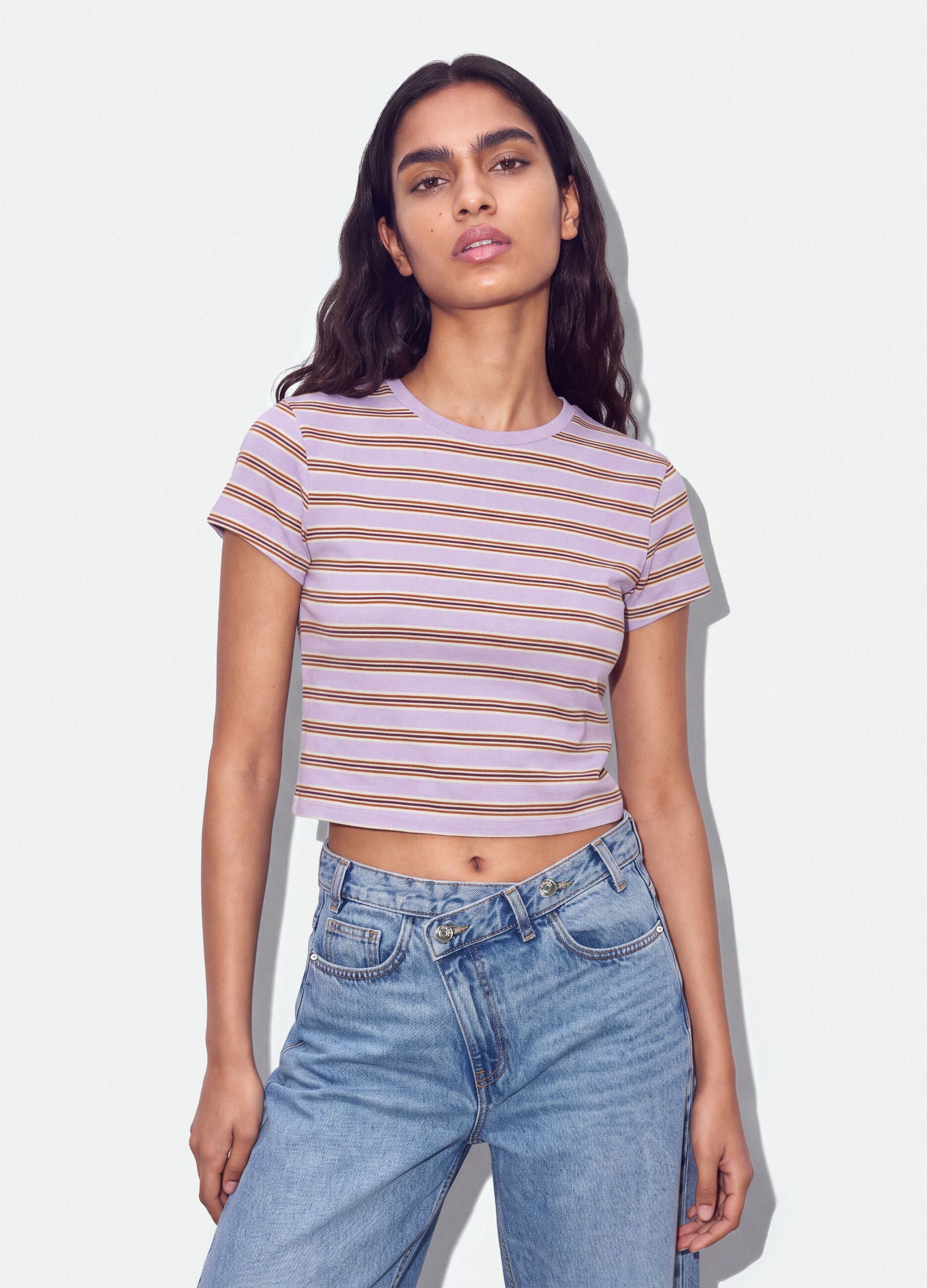 Purple striped cropped pure cotton T-shirt with print