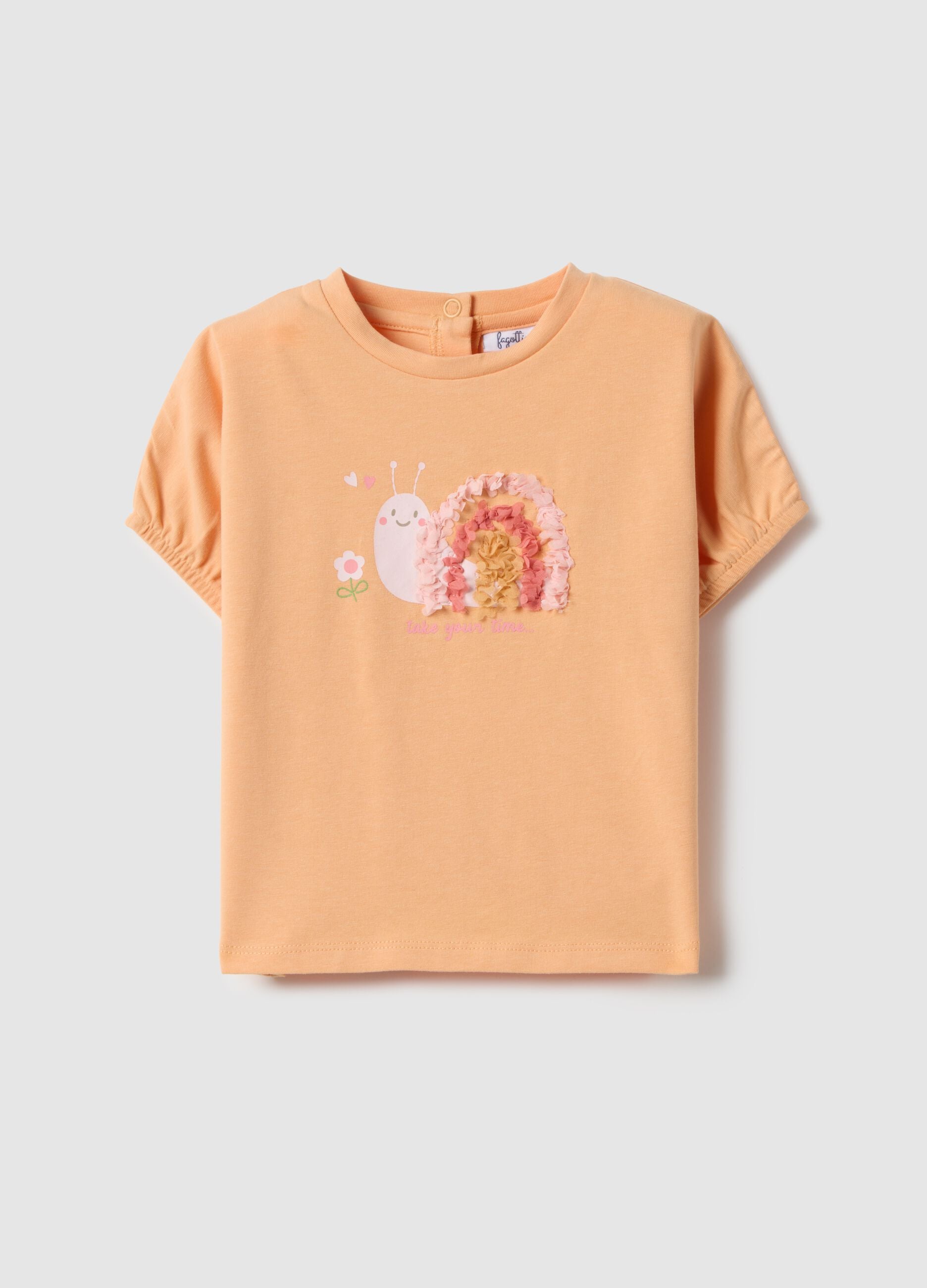 Orange cotton blend girl's regular fit t-shirt with embroidery