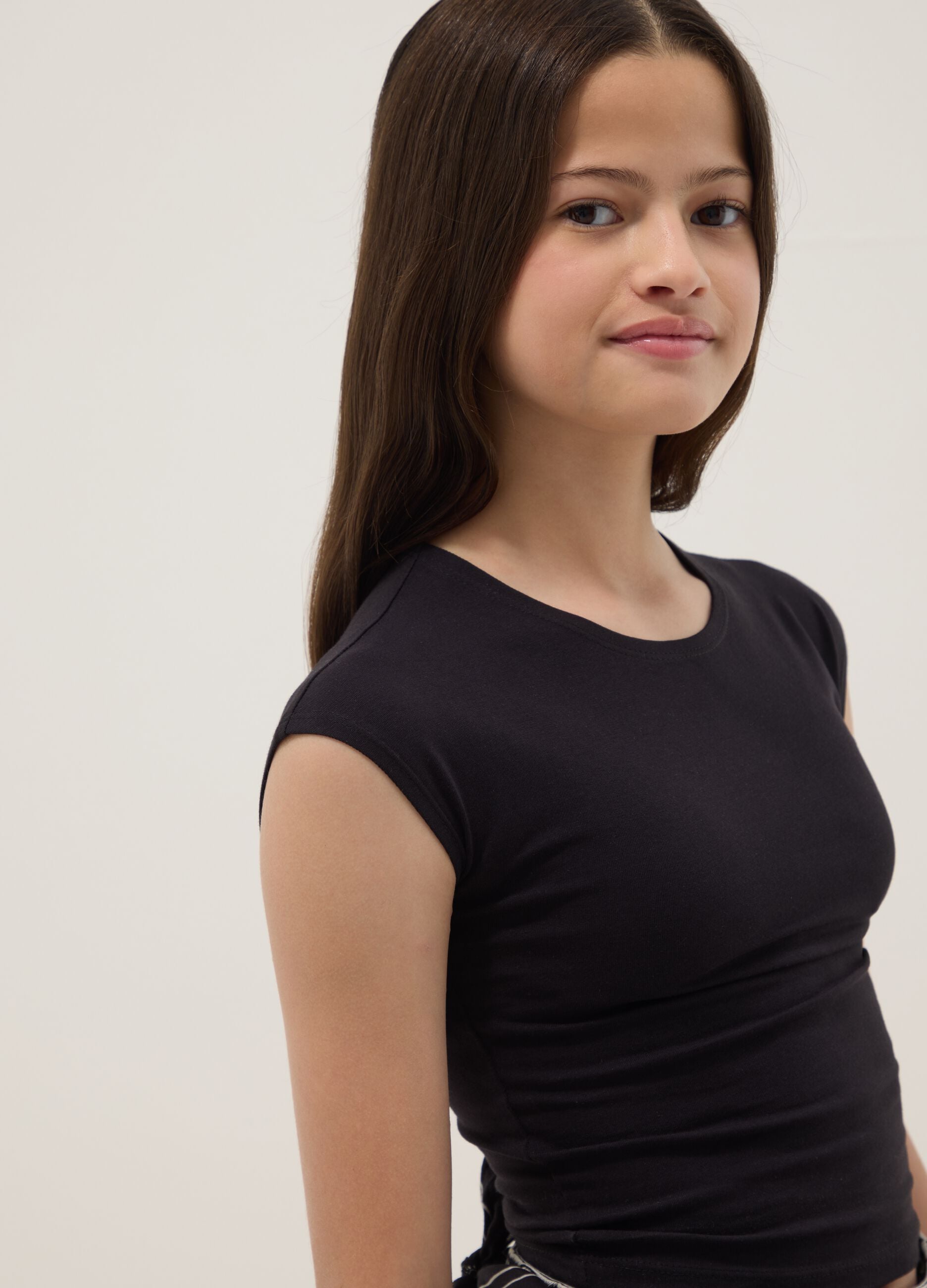 Girls' Black Stretch Cotton Slim Fit T-shirt