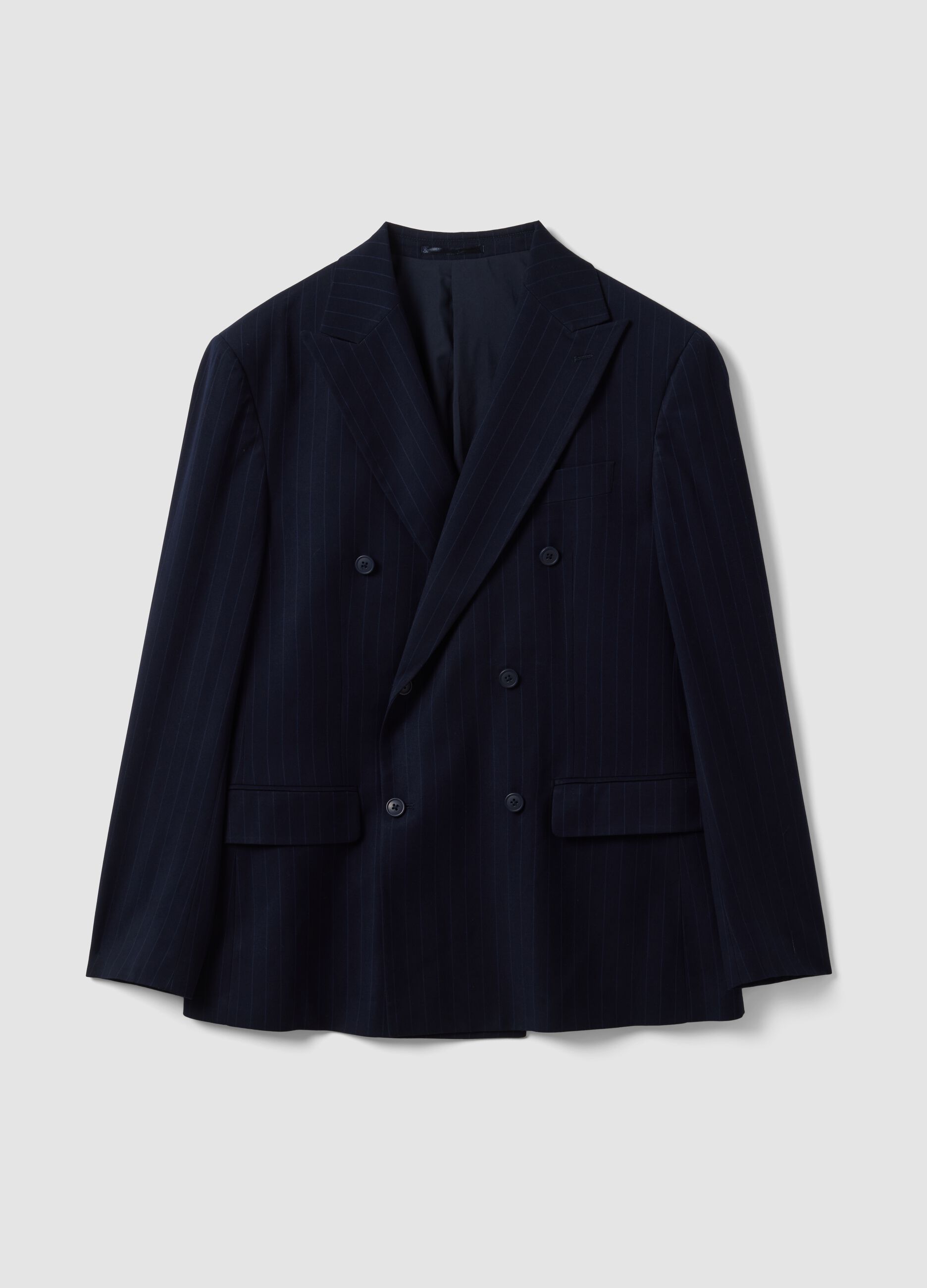 Blue pinstripe double-breasted stretch viscose suit