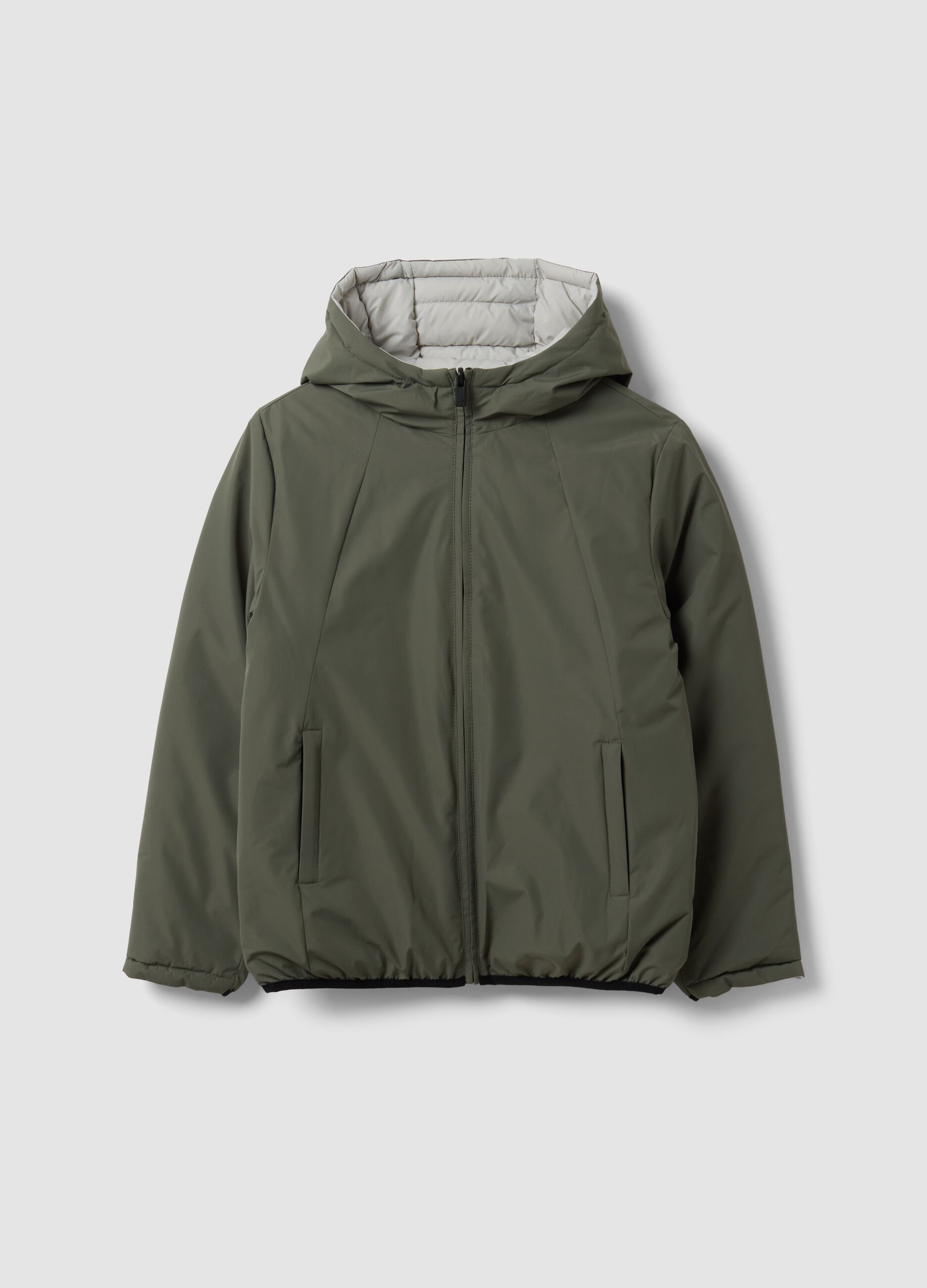 Ultralight Reversible Padded Hooded Jacket in Grey and Green