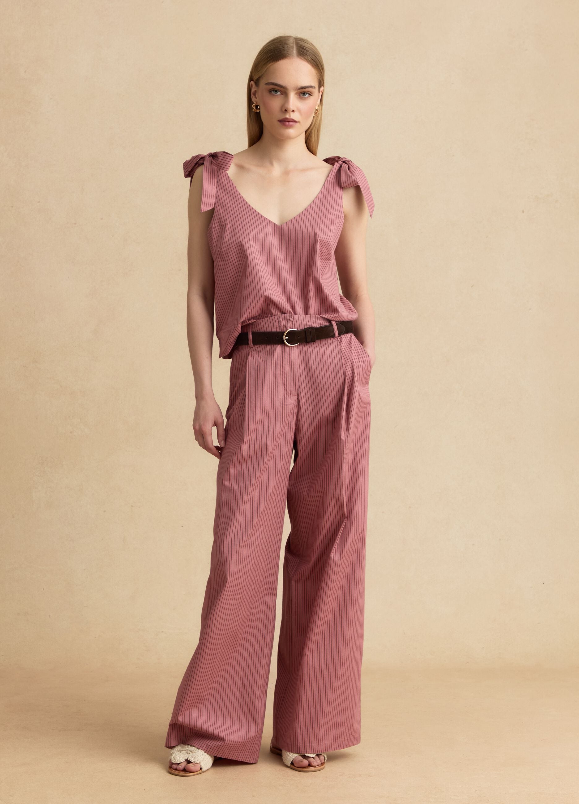 Pink stretch-cotton blouse with tie shoulder straps