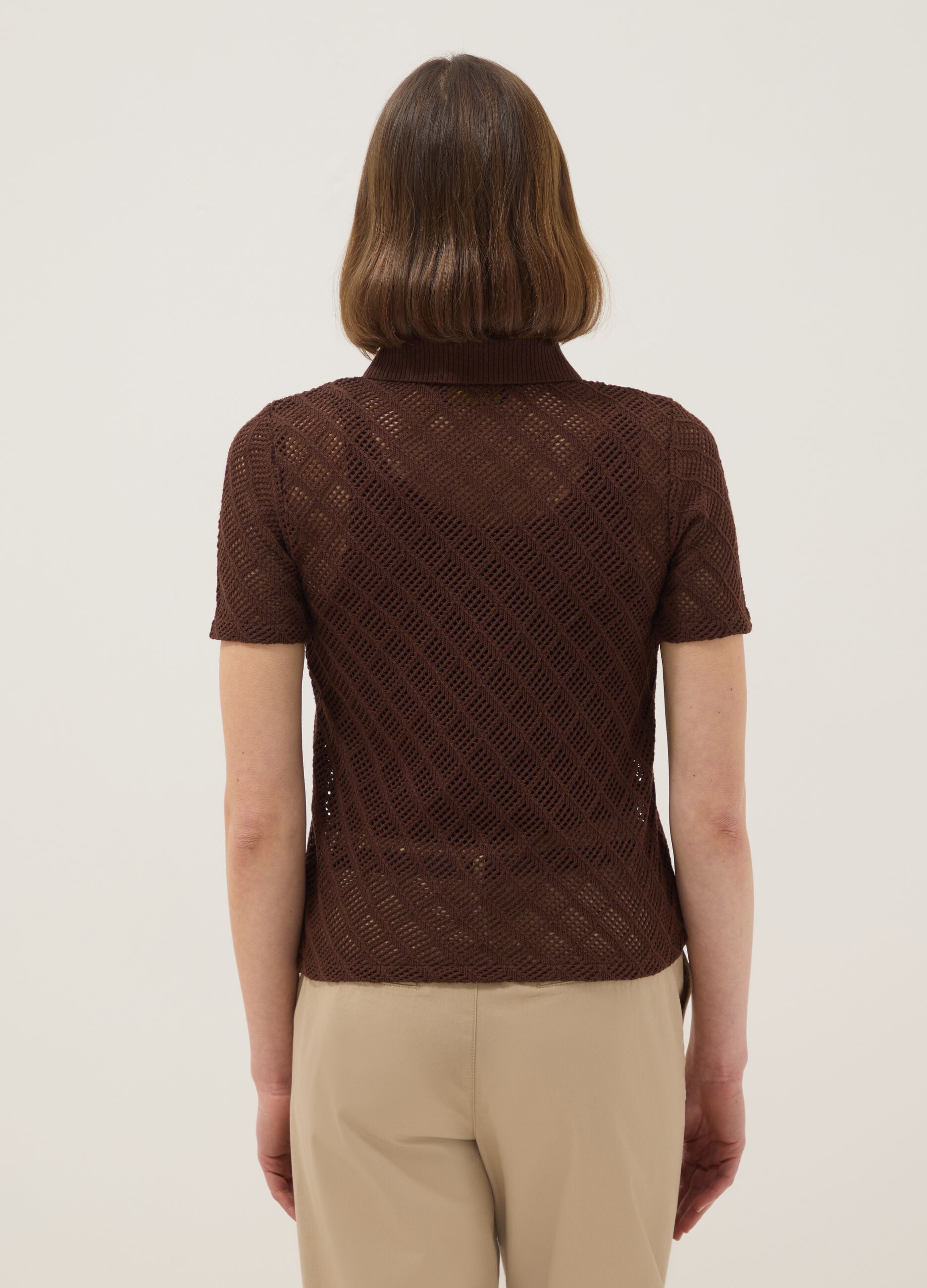 Brown regular fit short sleeve polo with mesh texture