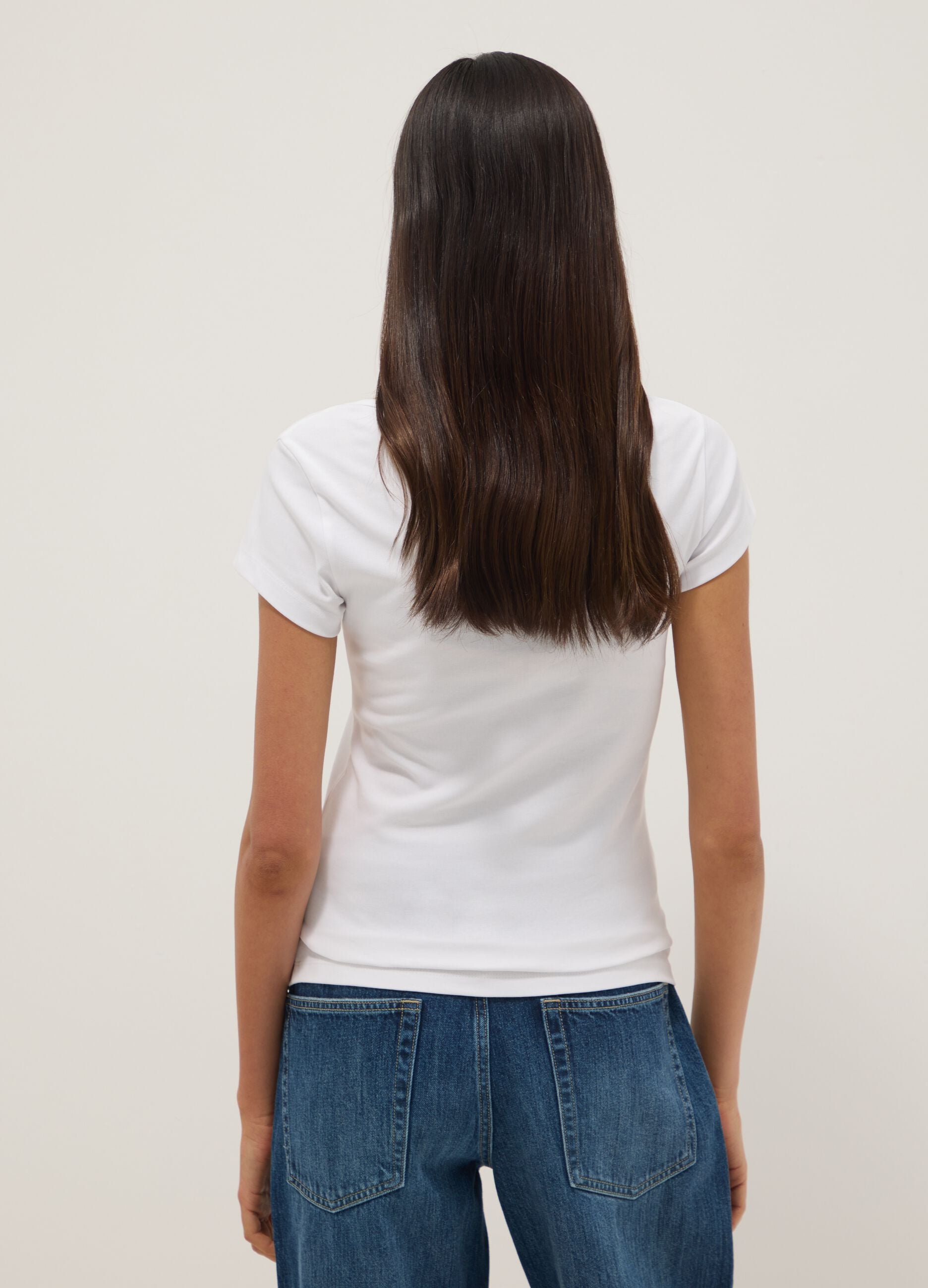 White fitted stretch-cotton T-shirt with square neckline