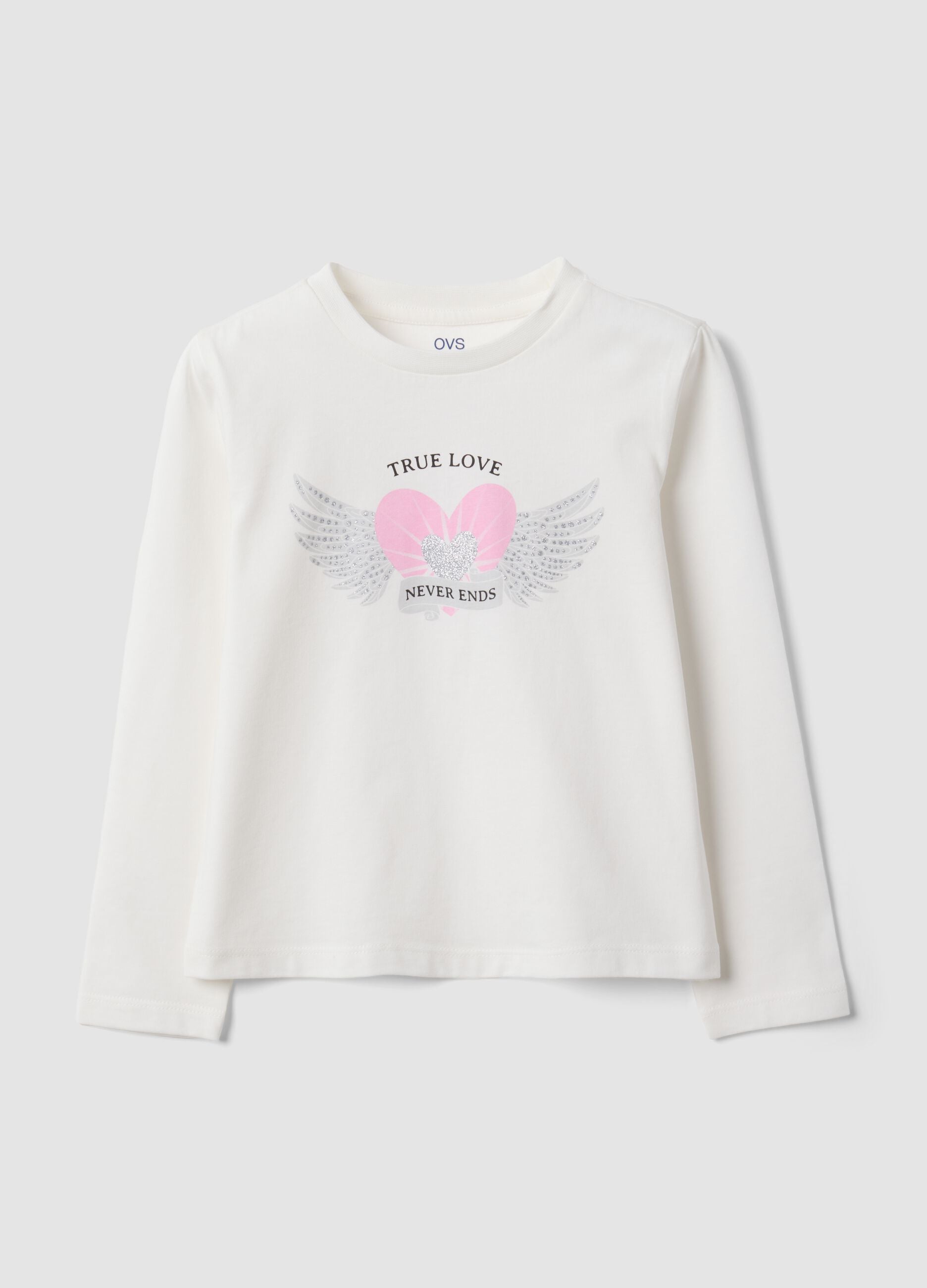 White pure organic cotton T-shirt with heart and wings print for girls