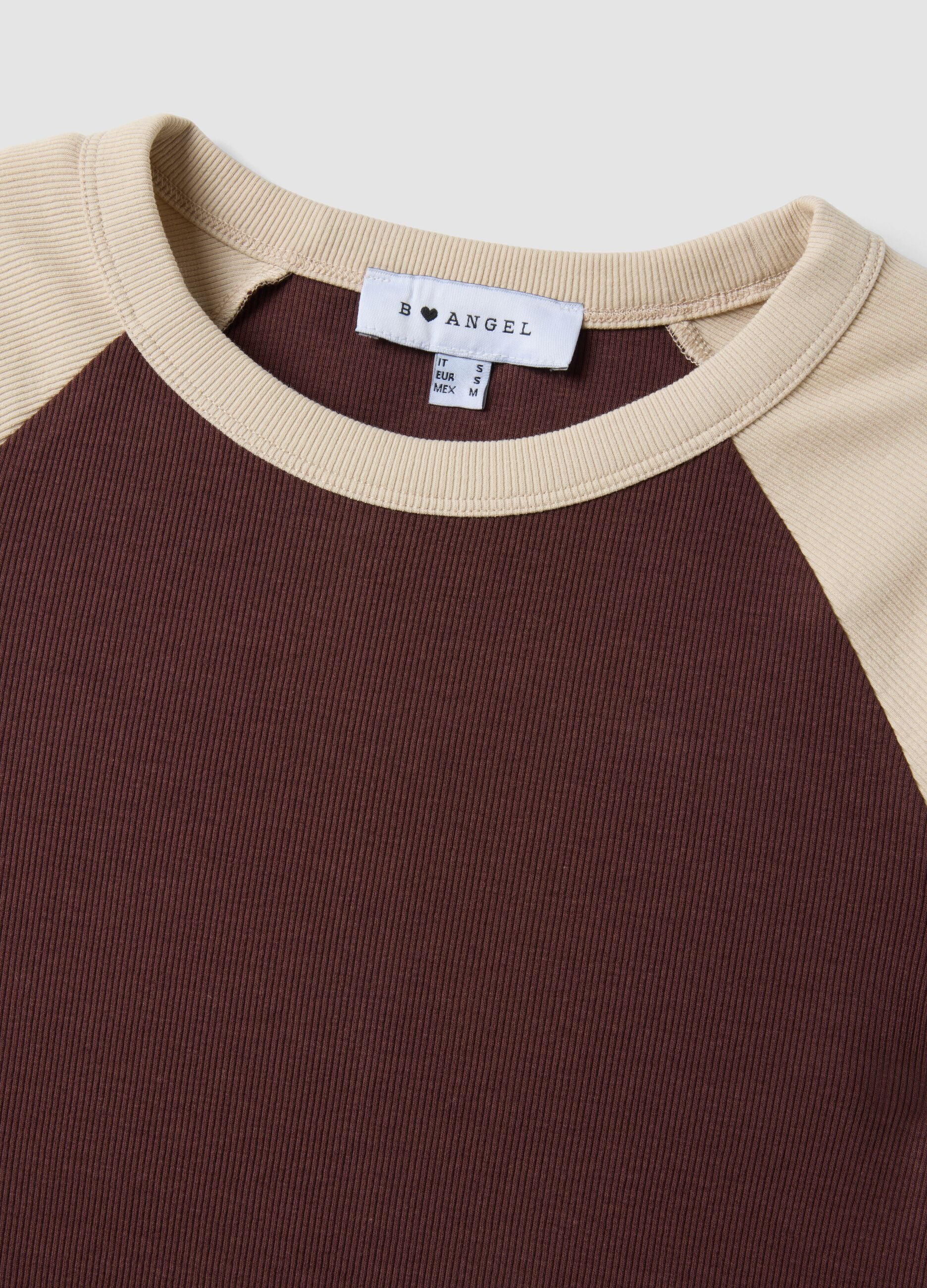Brown stretch cotton crew-neck T-shirt with contrast sleeves