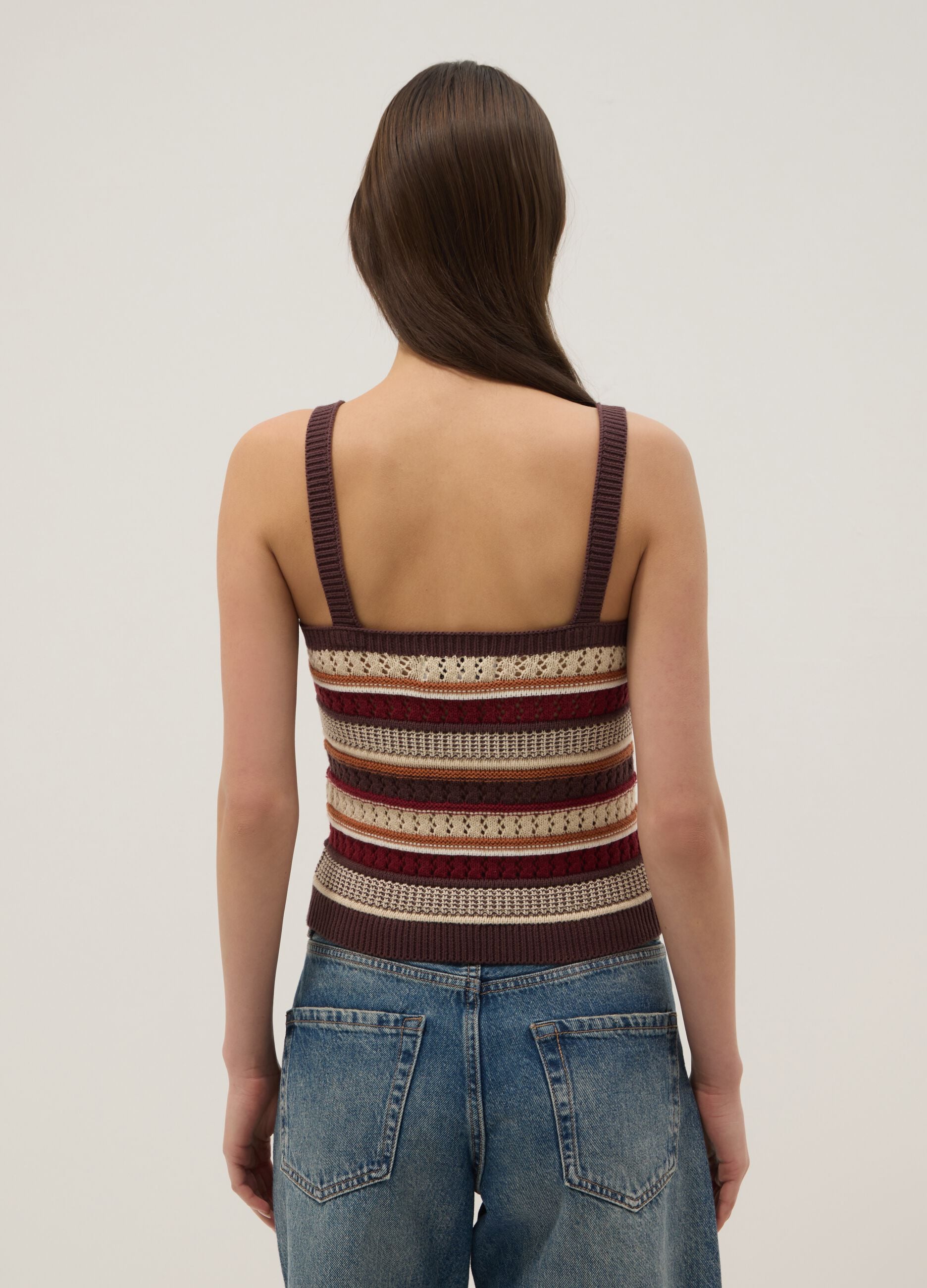 Fitted multicolour striped pure cotton vest with thin straps