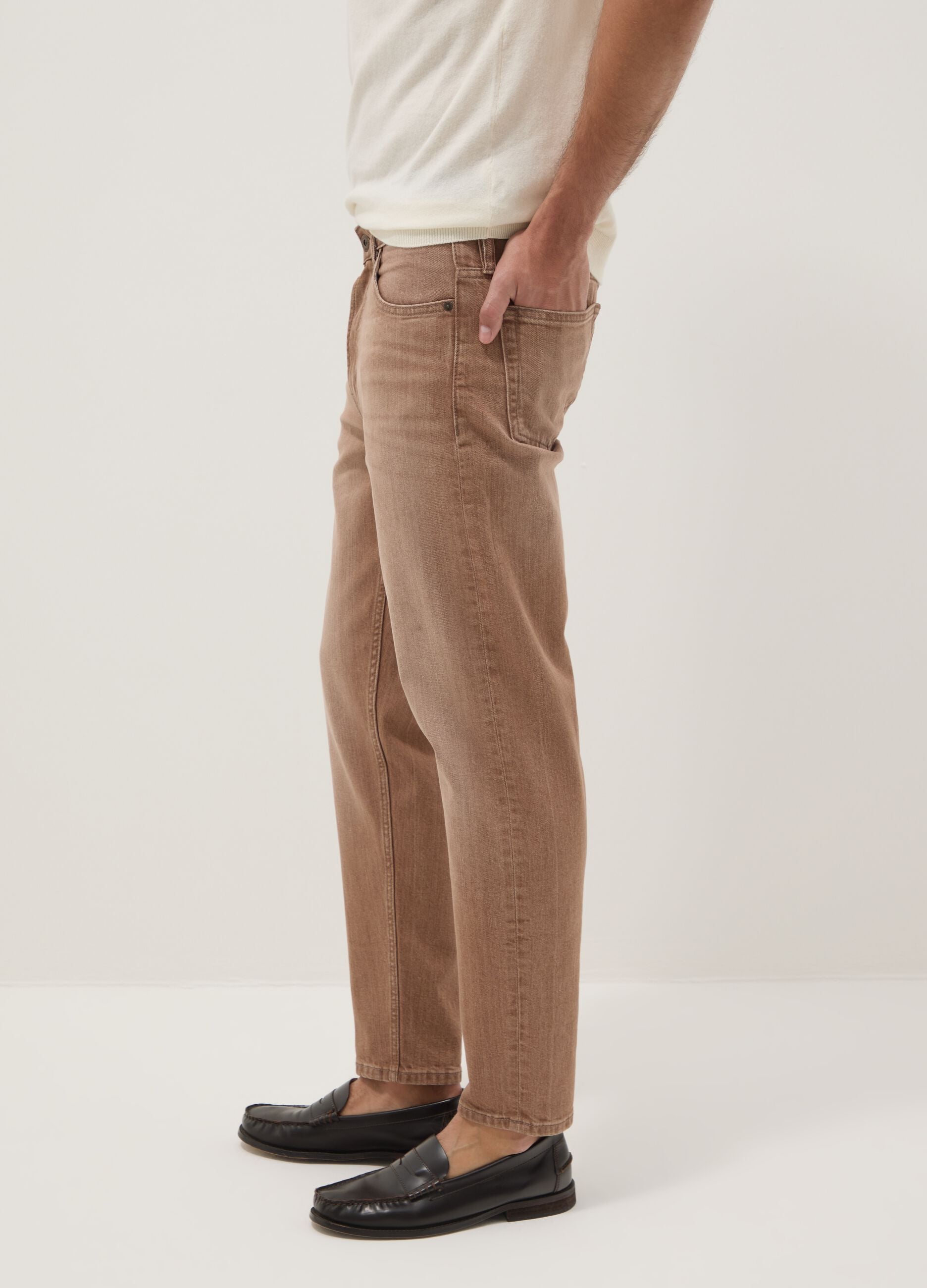Brown denim jeans in stretch cotton, relaxed fit