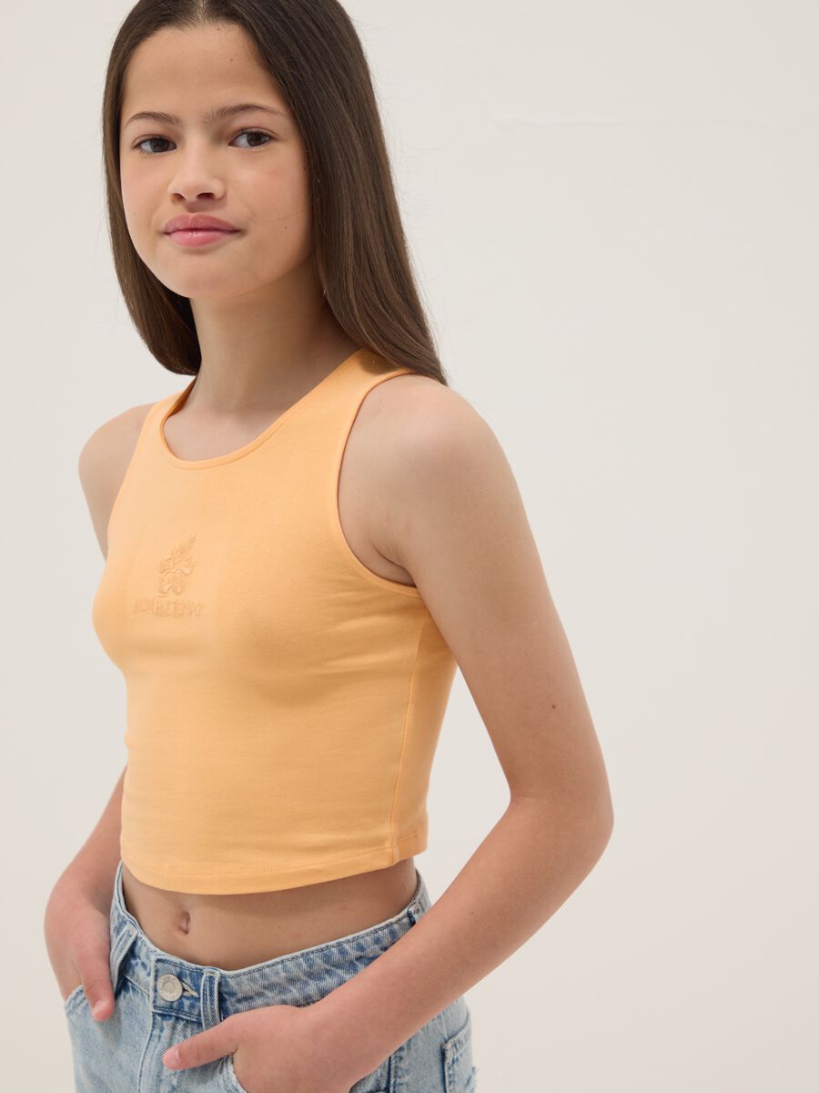 Canotta fitted arancione in cotone elasticizzato da ragazza con ricamo_2