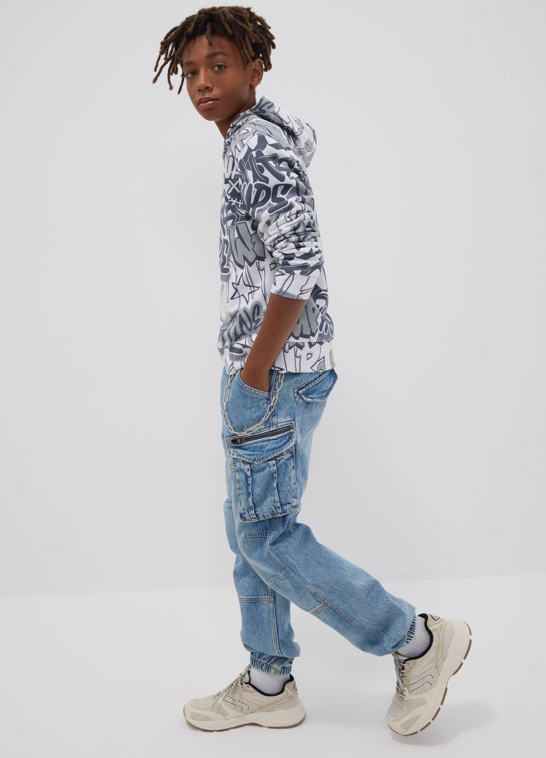 Light blue pure cotton cargo jeans with elasticated waist, relaxed fit