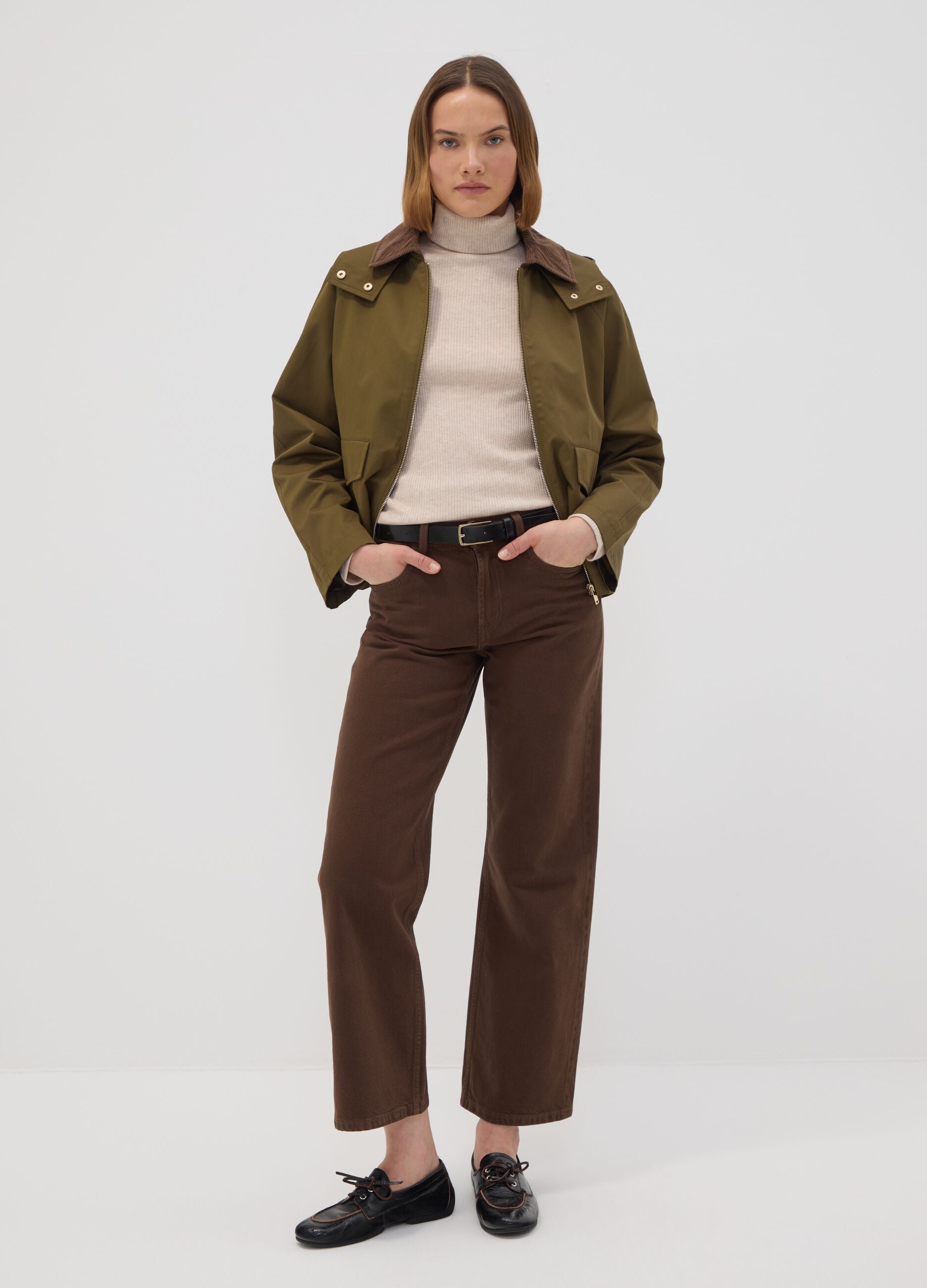 Green cotton-blend parka jacket with hood and ribbed collar
