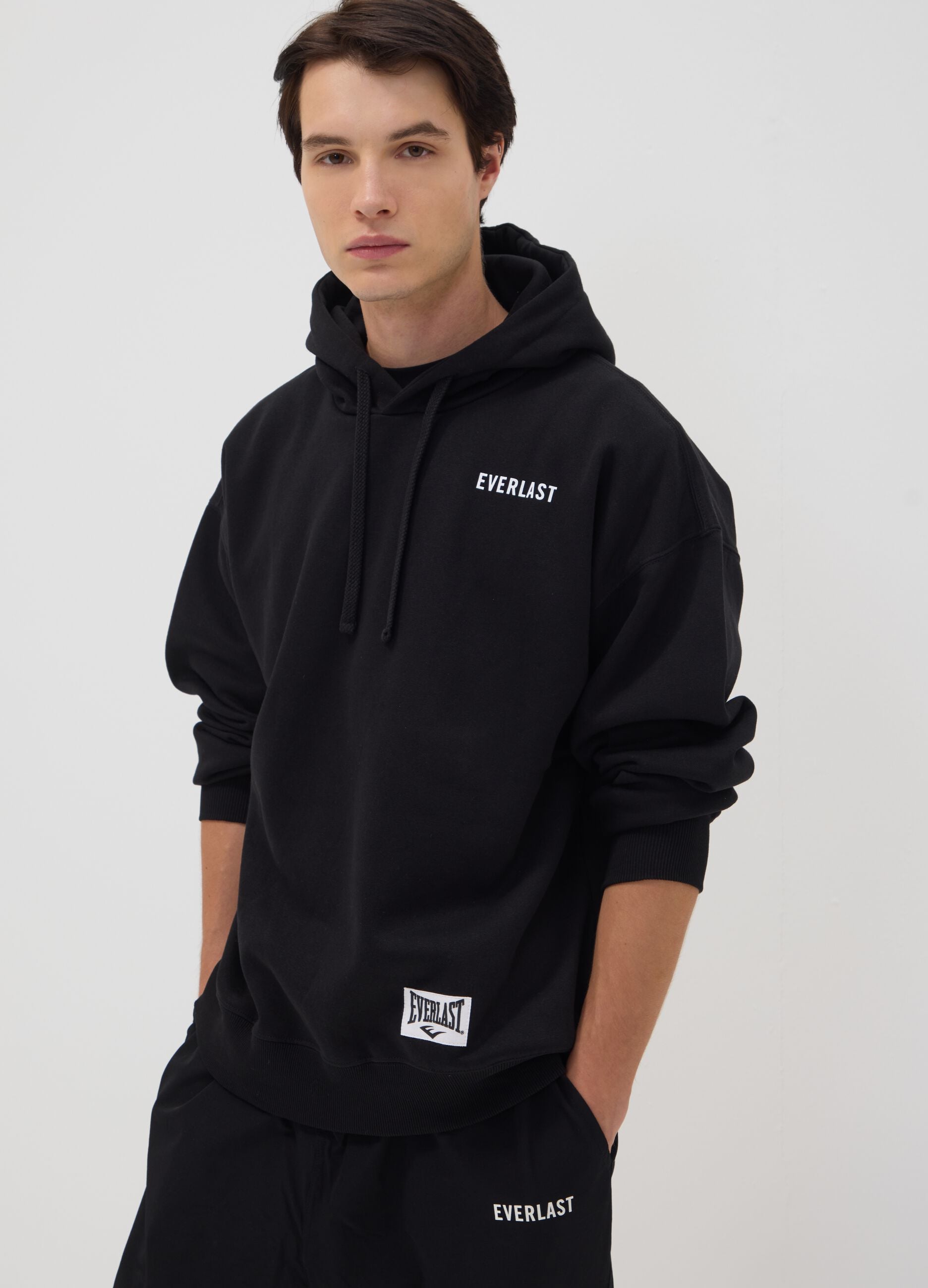 Black cotton-blend hoodie with logo
