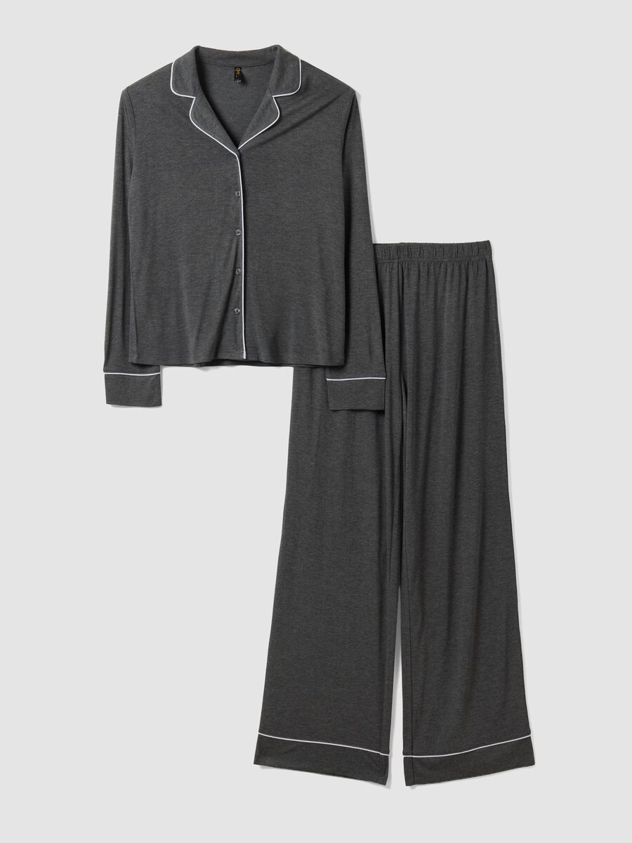 Grey pure viscose pyjamas with V-neck and contrast piping_4