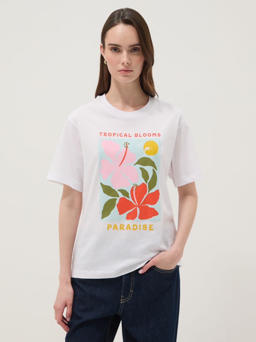 White pure cotton T-shirt with floral print, regular fit_1