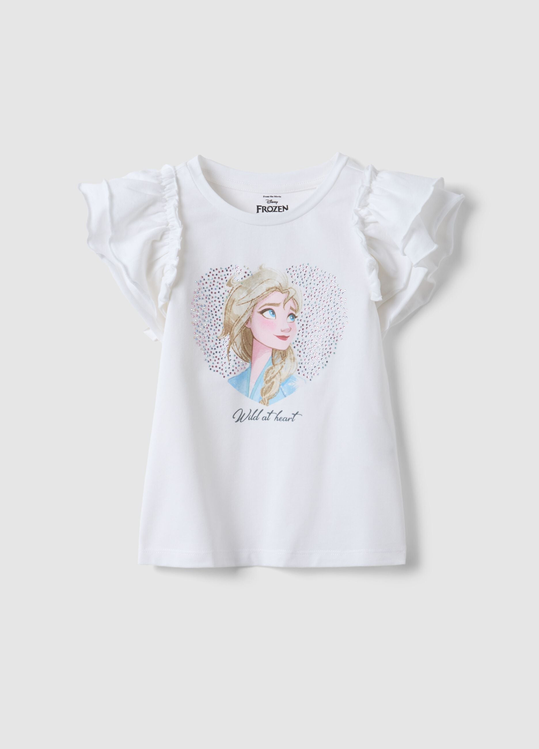 Girls' white stretch cotton T-shirt with frills and print