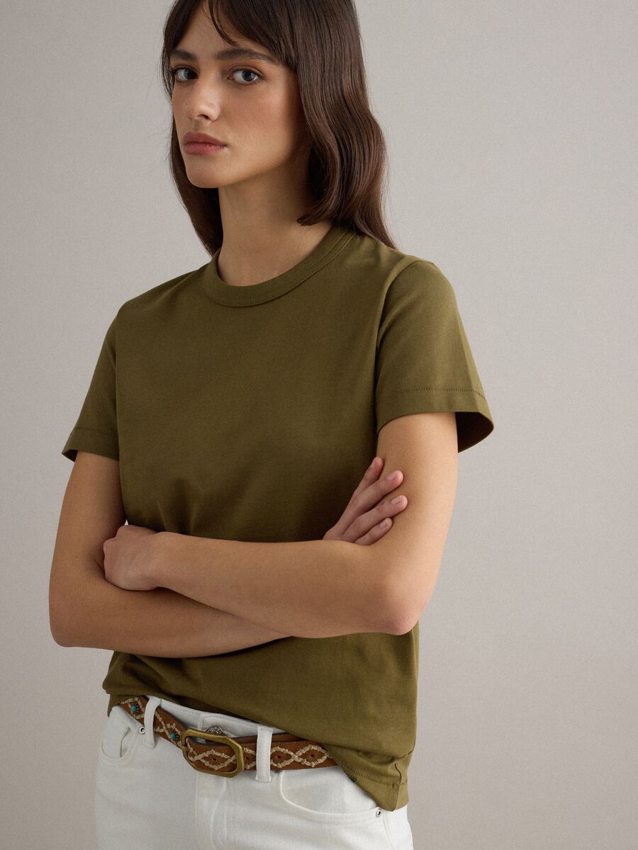 Green pure cotton crew-neck T-shirt, regular fit_0