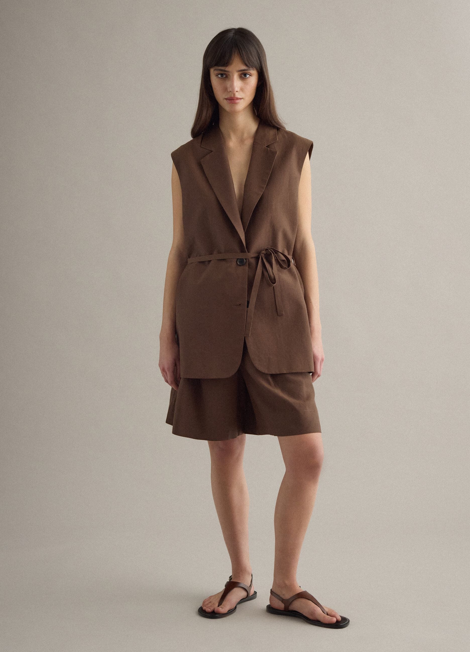 Brown regular fit lyocell and linen blend waistcoat with belt