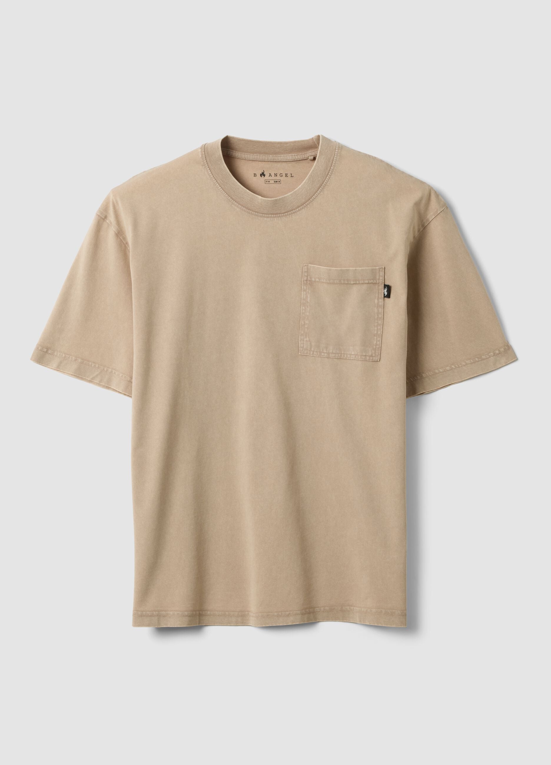 Beige pure cotton T-shirt with chest pocket, regular fit