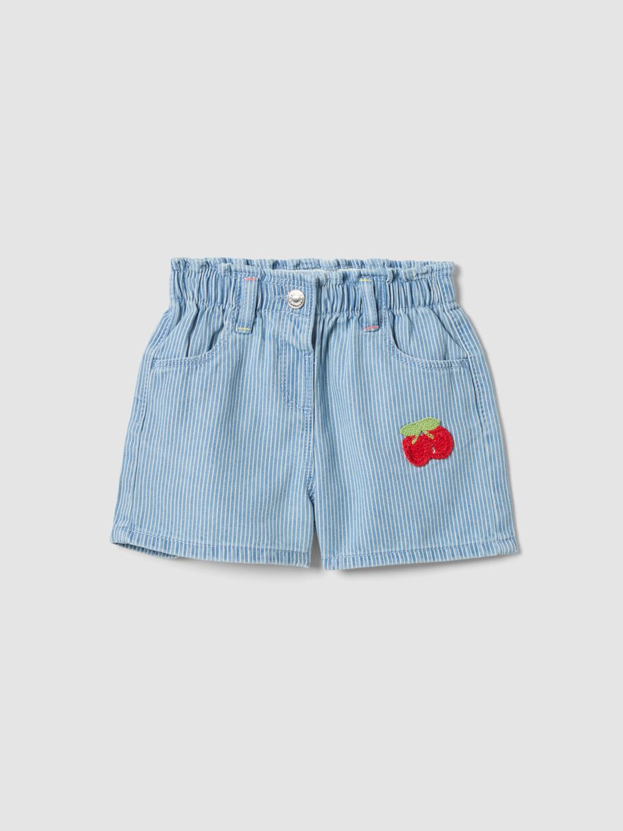 Girls&rsquo; light blue striped cotton-blend shorts with cherry embroidery_0