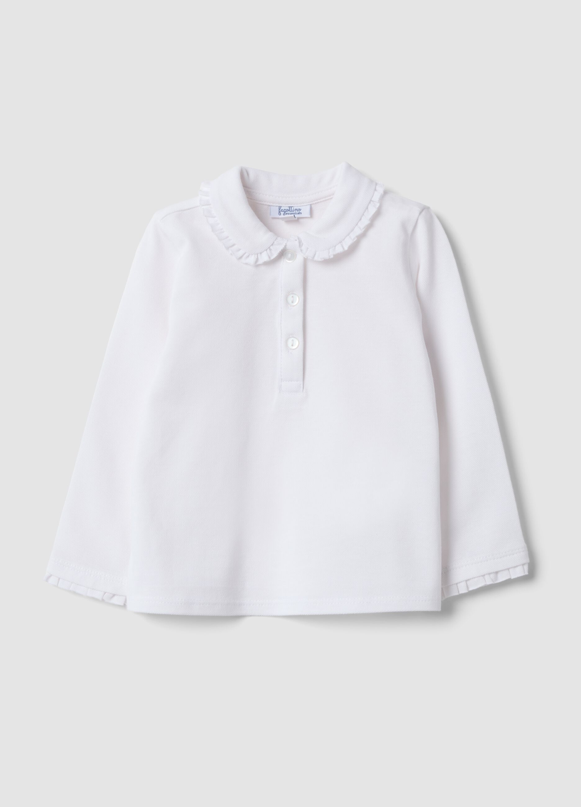 White long-sleeved organic cotton polo shirt, regular fit, for baby girl
