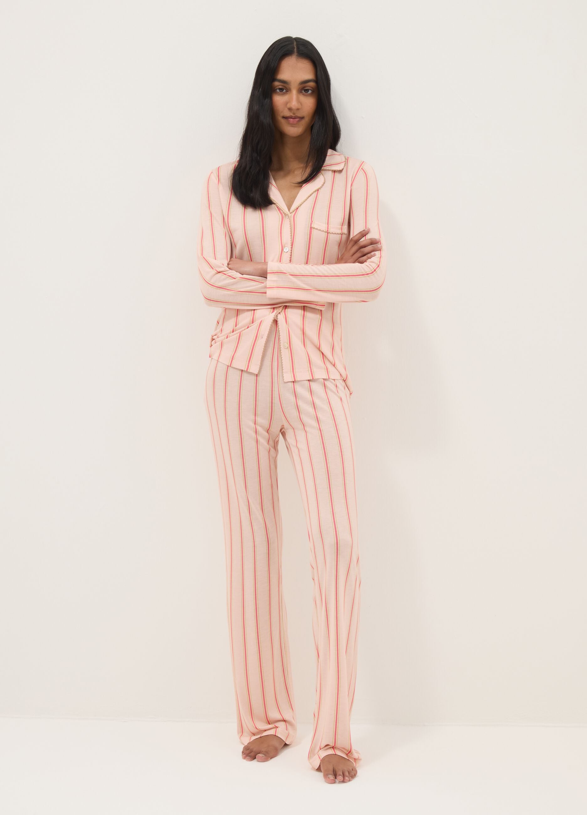 Striped pink pure viscose pyjamas, regular fit with V-neck