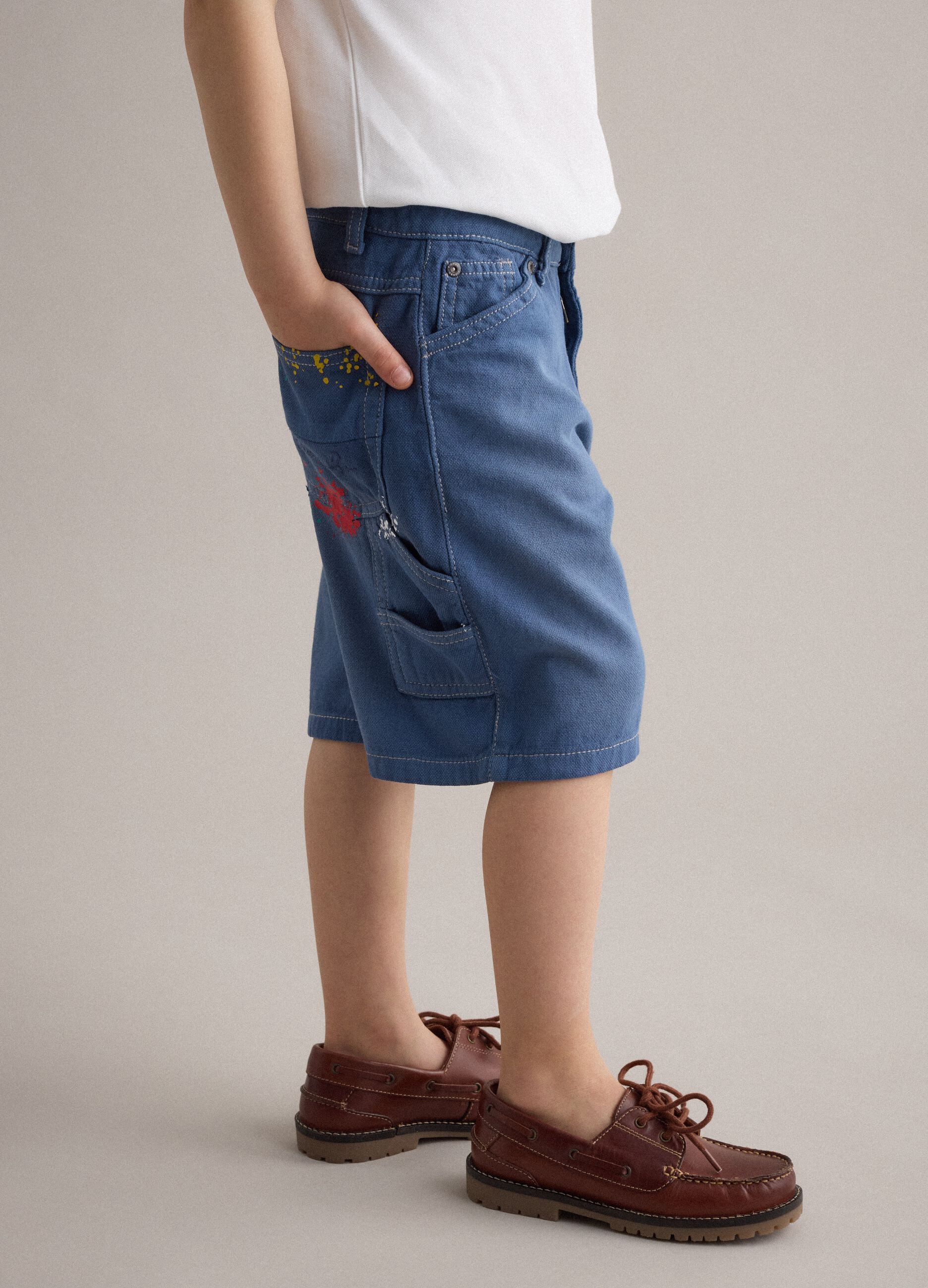 Blue denim cargo shorts in pure cotton for boys, baggy fit