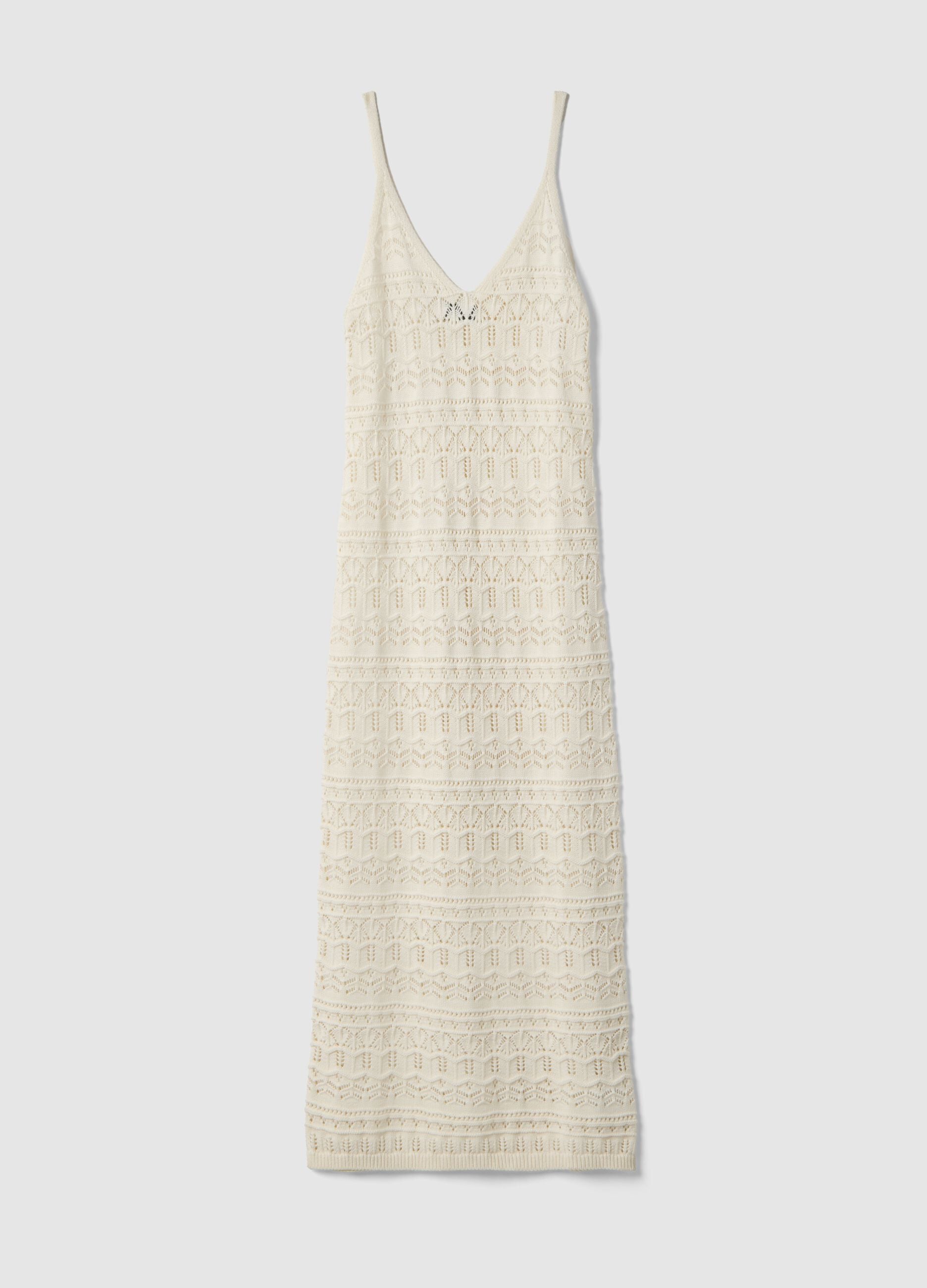 Long white pure cotton slim fit dress with mesh texture