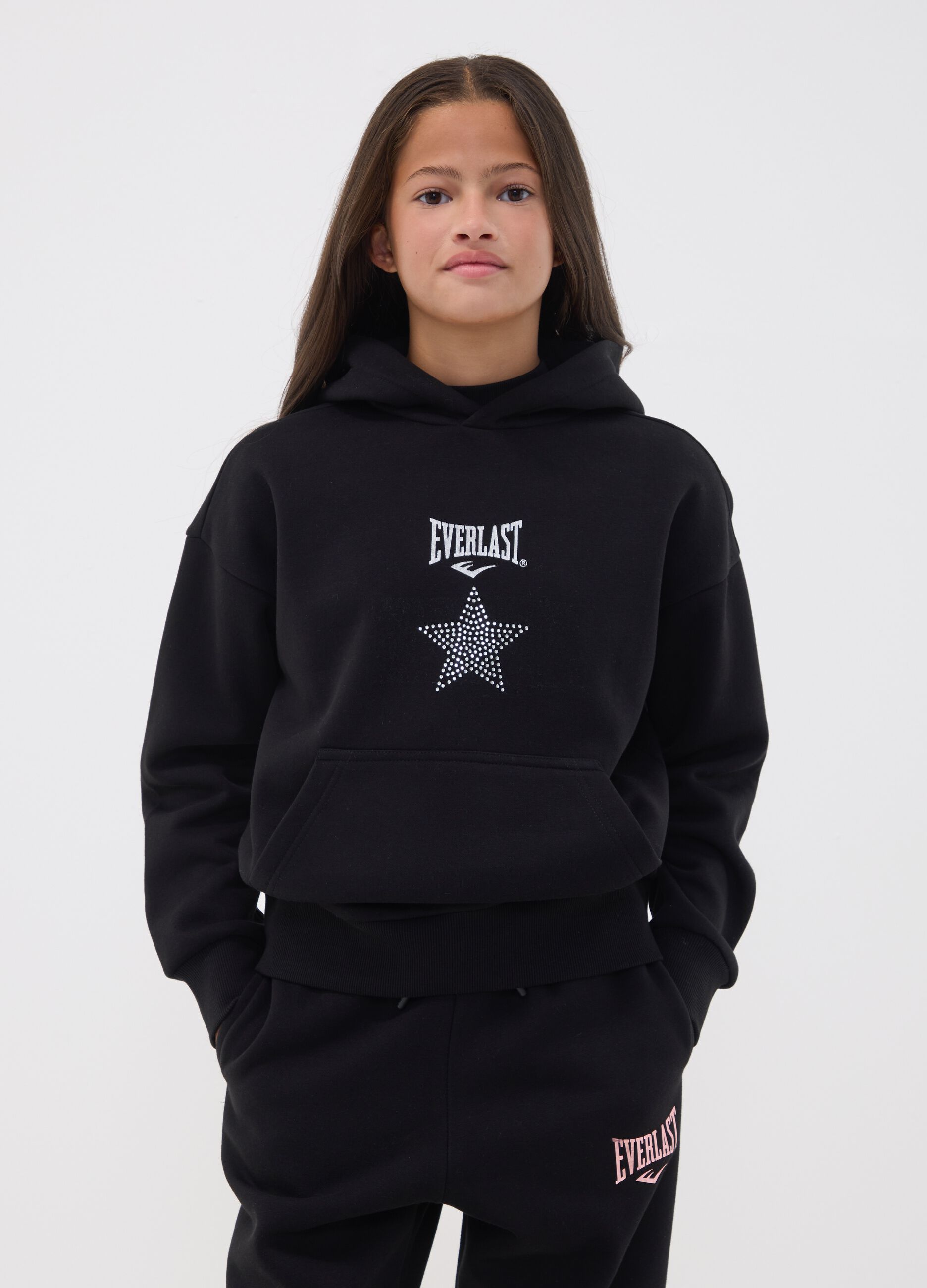 Black cotton-blend hoodie for girls, regular fit