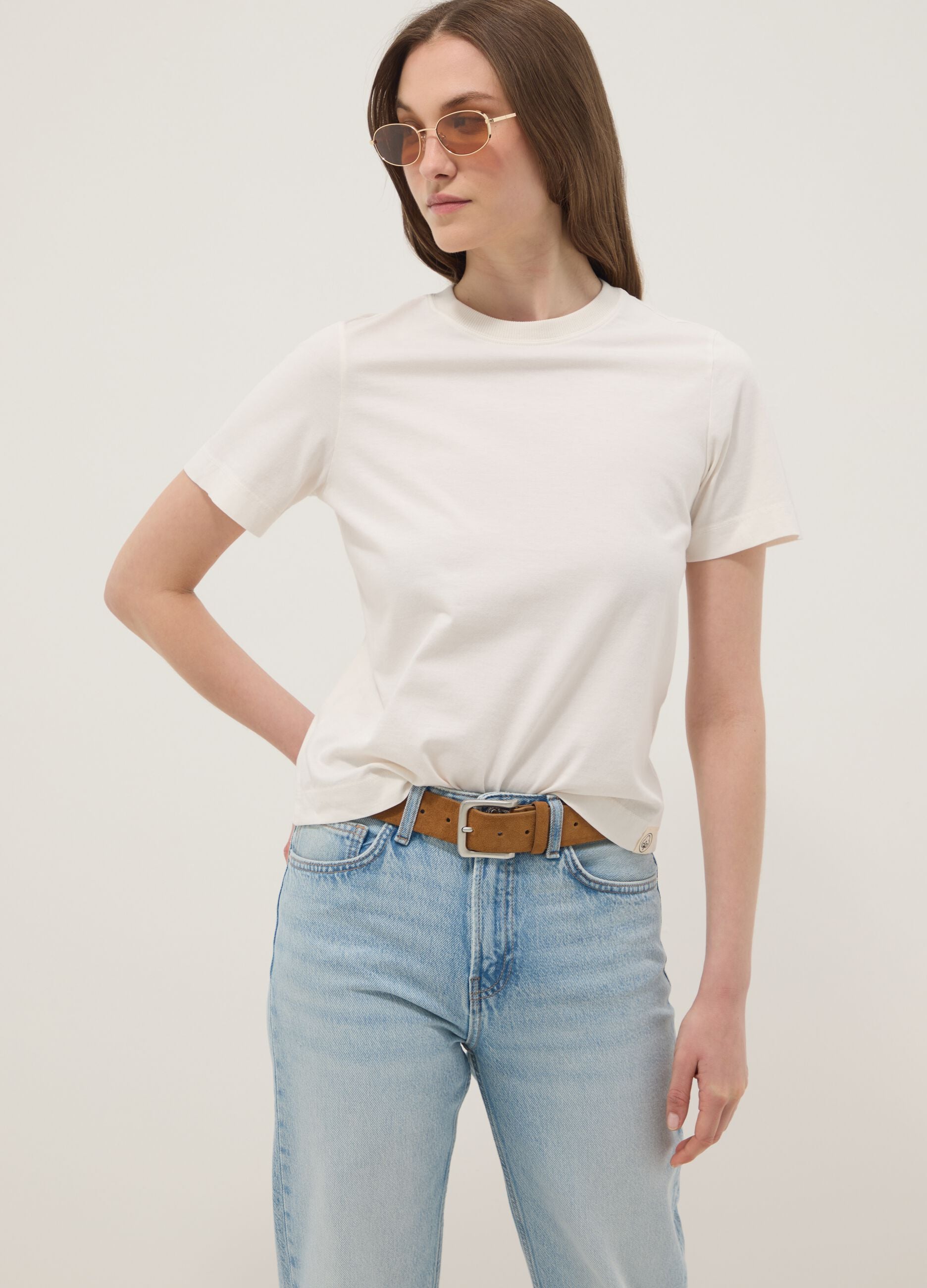 Beige short-sleeved pure cotton regular-fit T-shirt
