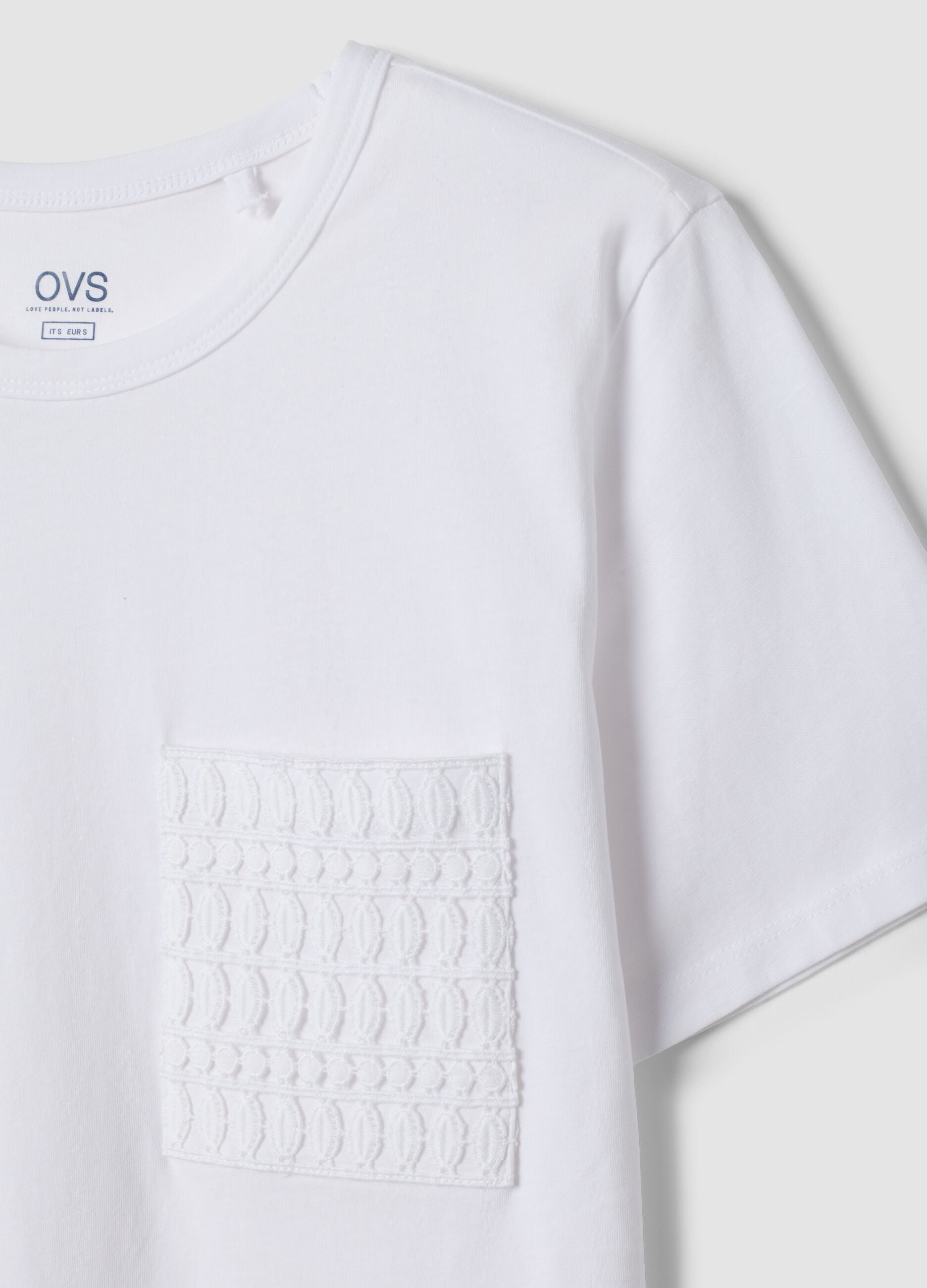 White pure cotton regular-fit T-shirt with embroidered chest pocket