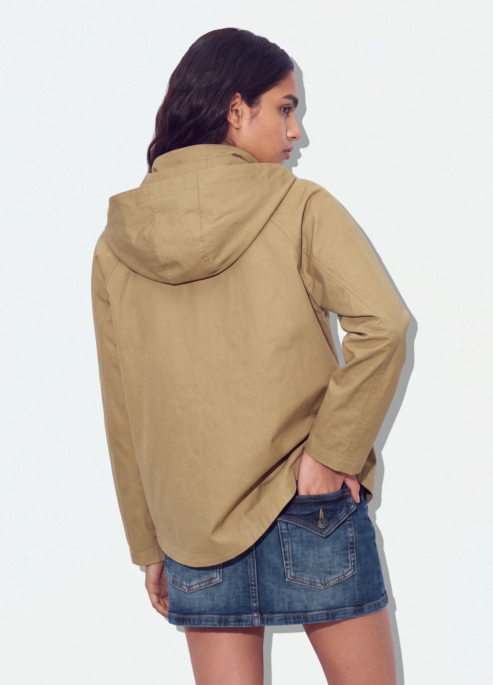 Beige cotton-blend parka with hood, regular fit