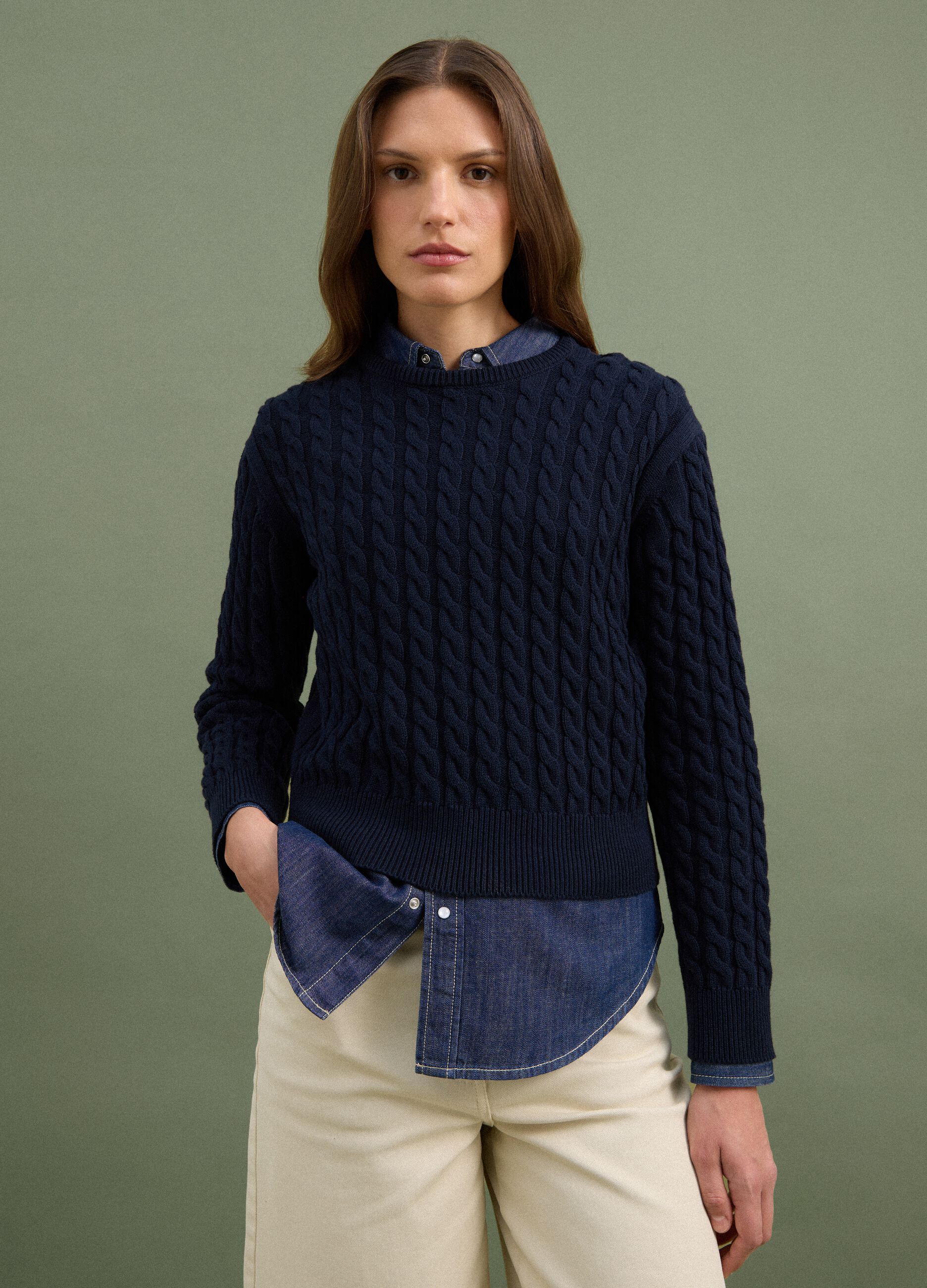 Blue pure cotton cable-knit crew-neck jumper, regular fit