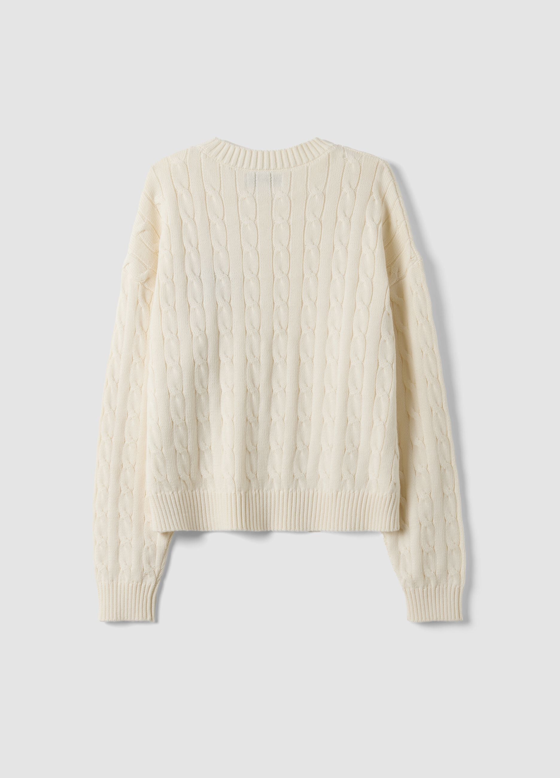 White pure-cotton cable-knit jumper with croissant embroidery
