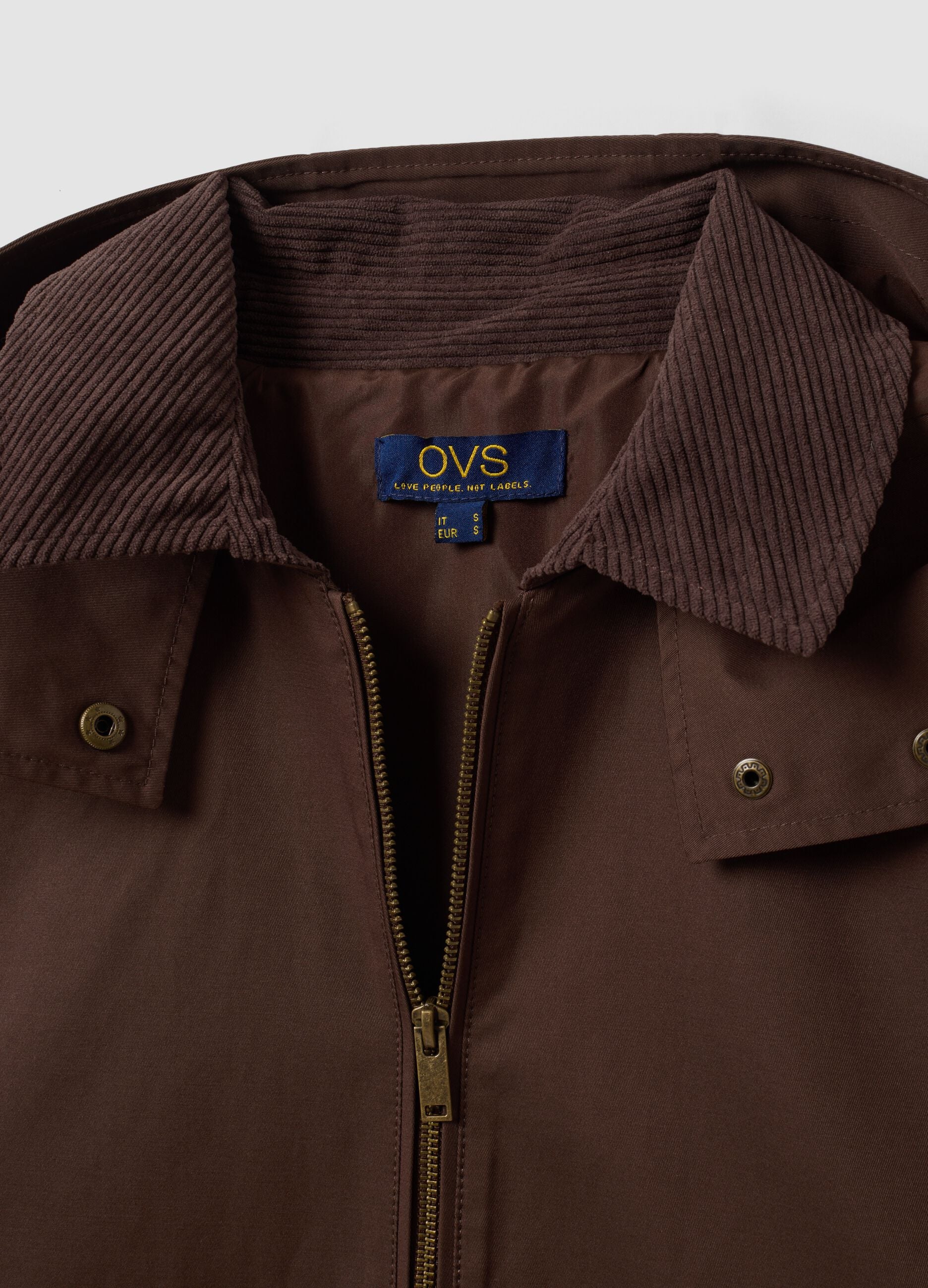 Brown cotton-blend parka jacket with hood and ribbed collar