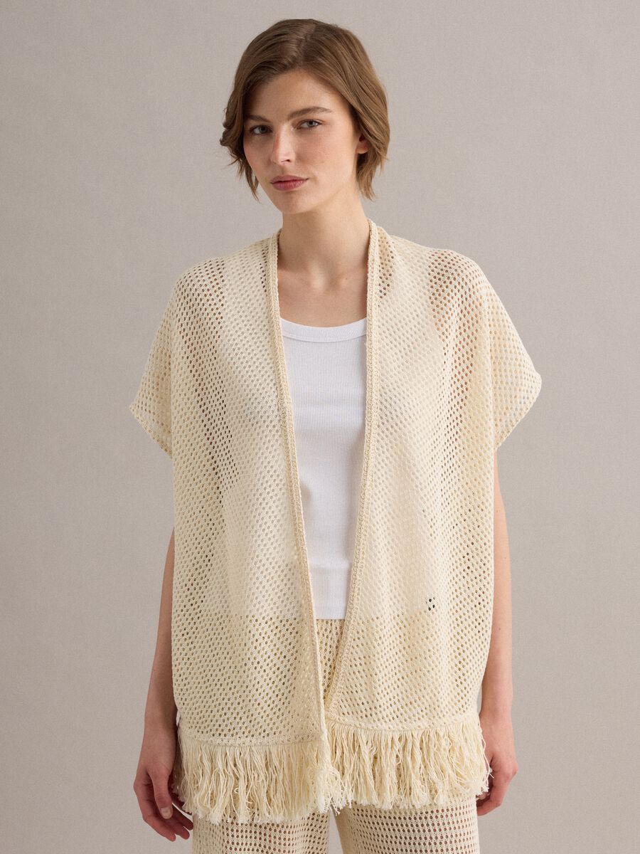 Cardigan bianco in crochet di misto viscosa con frange regular fit_0
